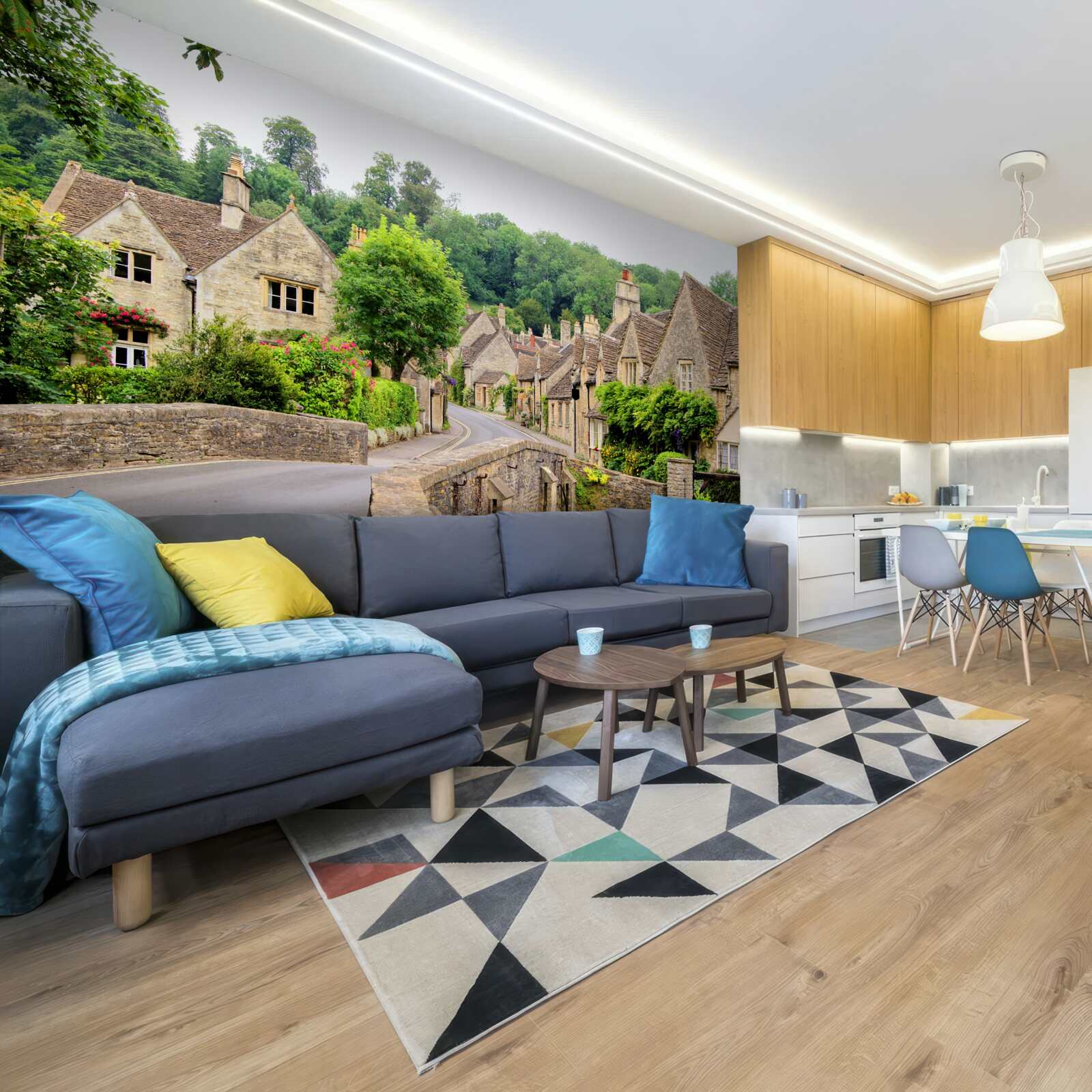 Papier peint bâtiments anciens recouverts de mousse verte et pont