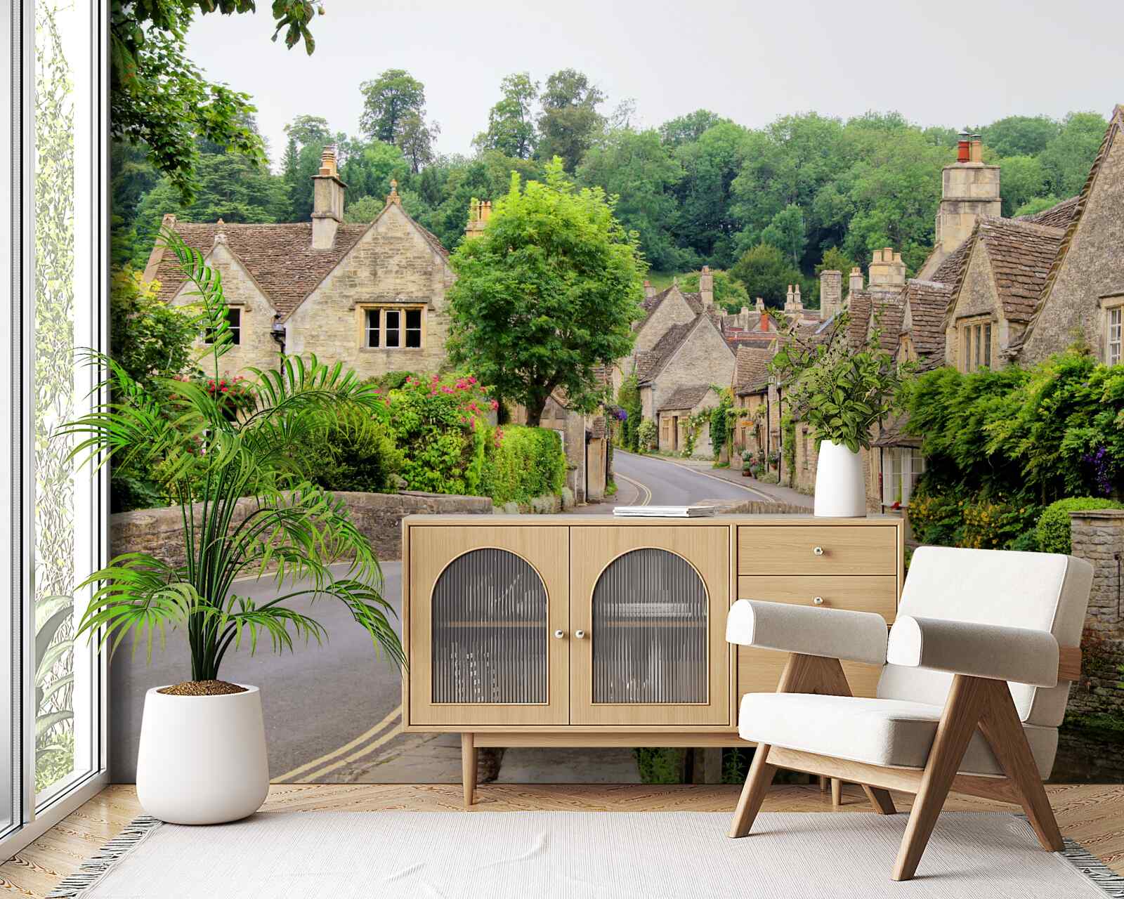 Papier peint bâtiments anciens recouverts de mousse verte et pont