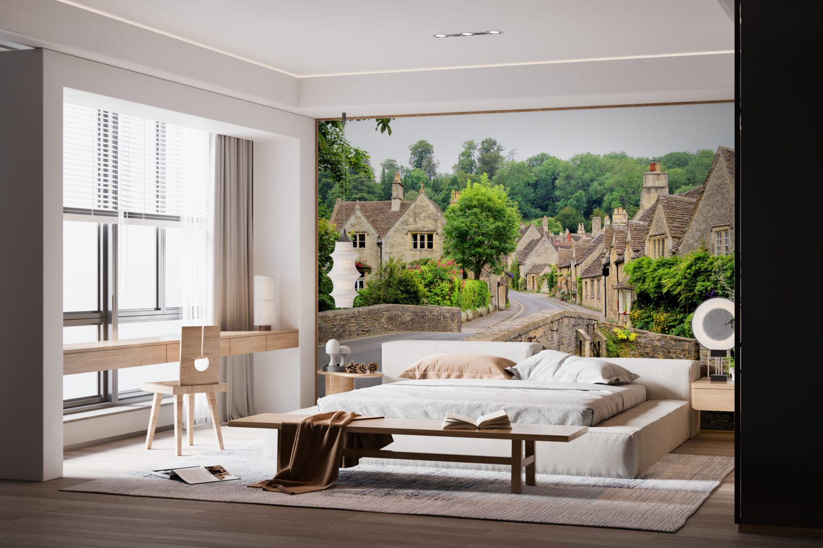 Papier peint bâtiments anciens recouverts de mousse verte et pont