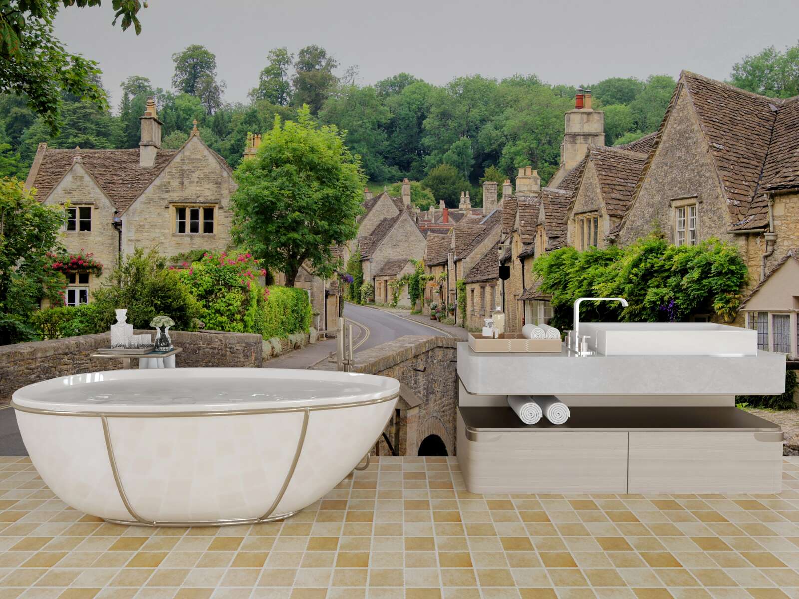 Papier peint bâtiments anciens recouverts de mousse verte et pont