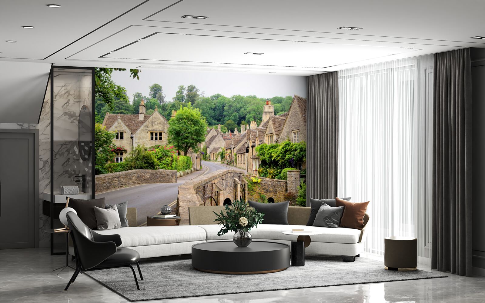 Papier peint bâtiments anciens recouverts de mousse verte et pont