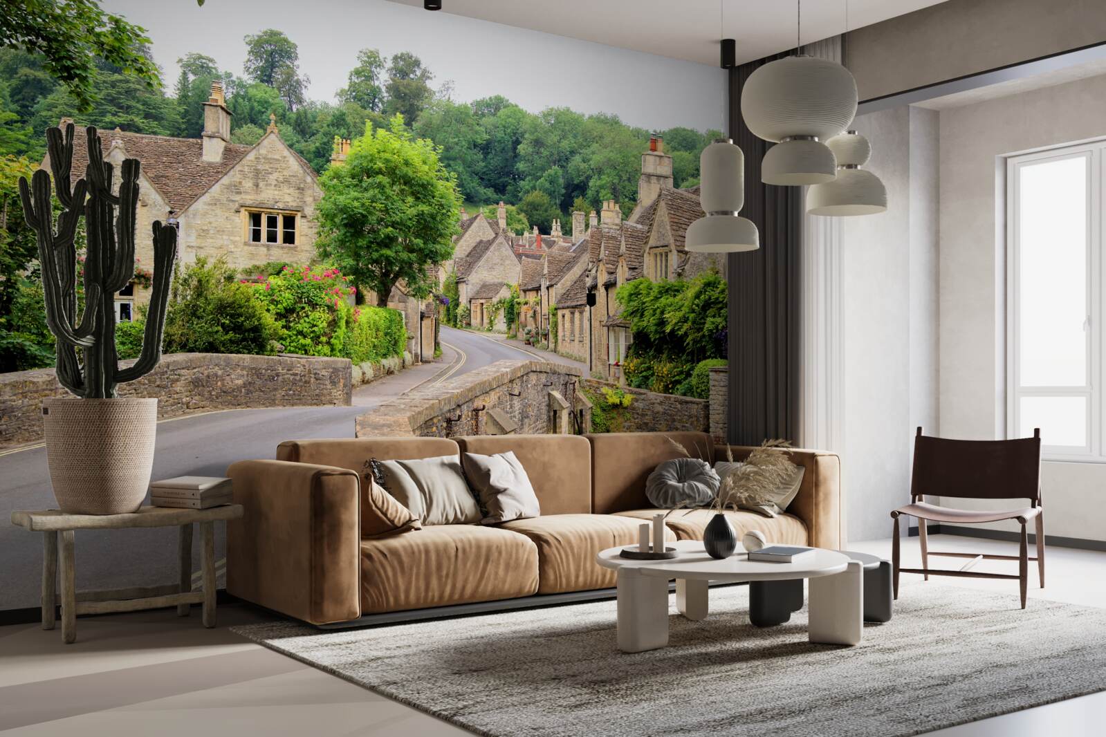 Papier peint bâtiments anciens recouverts de mousse verte et pont