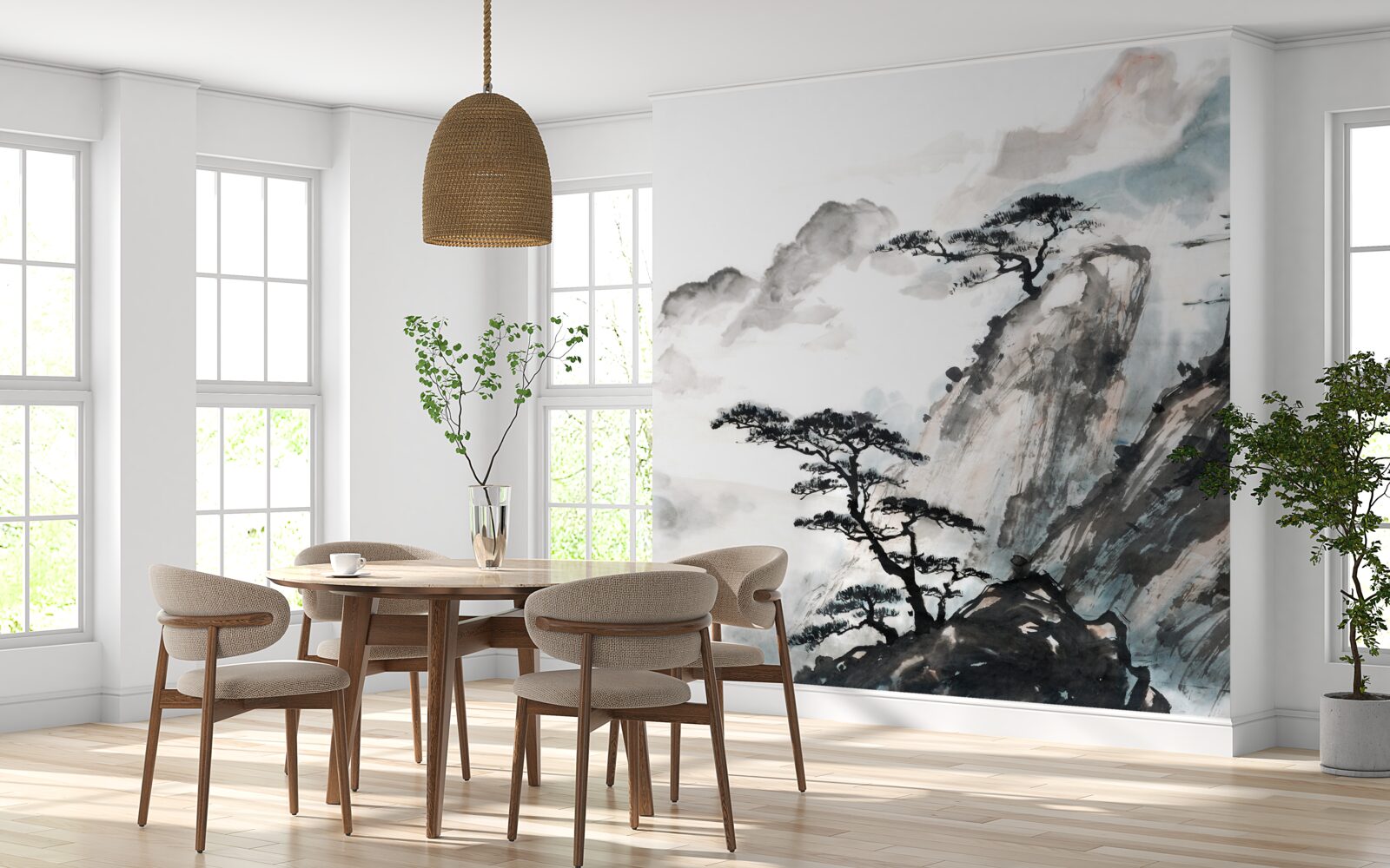 Papier peint aquarelle représentant une cascade et des arbres solitaires