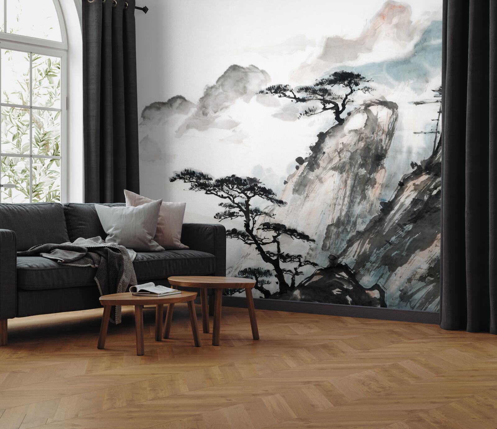 Papier peint aquarelle représentant une cascade et des arbres solitaires