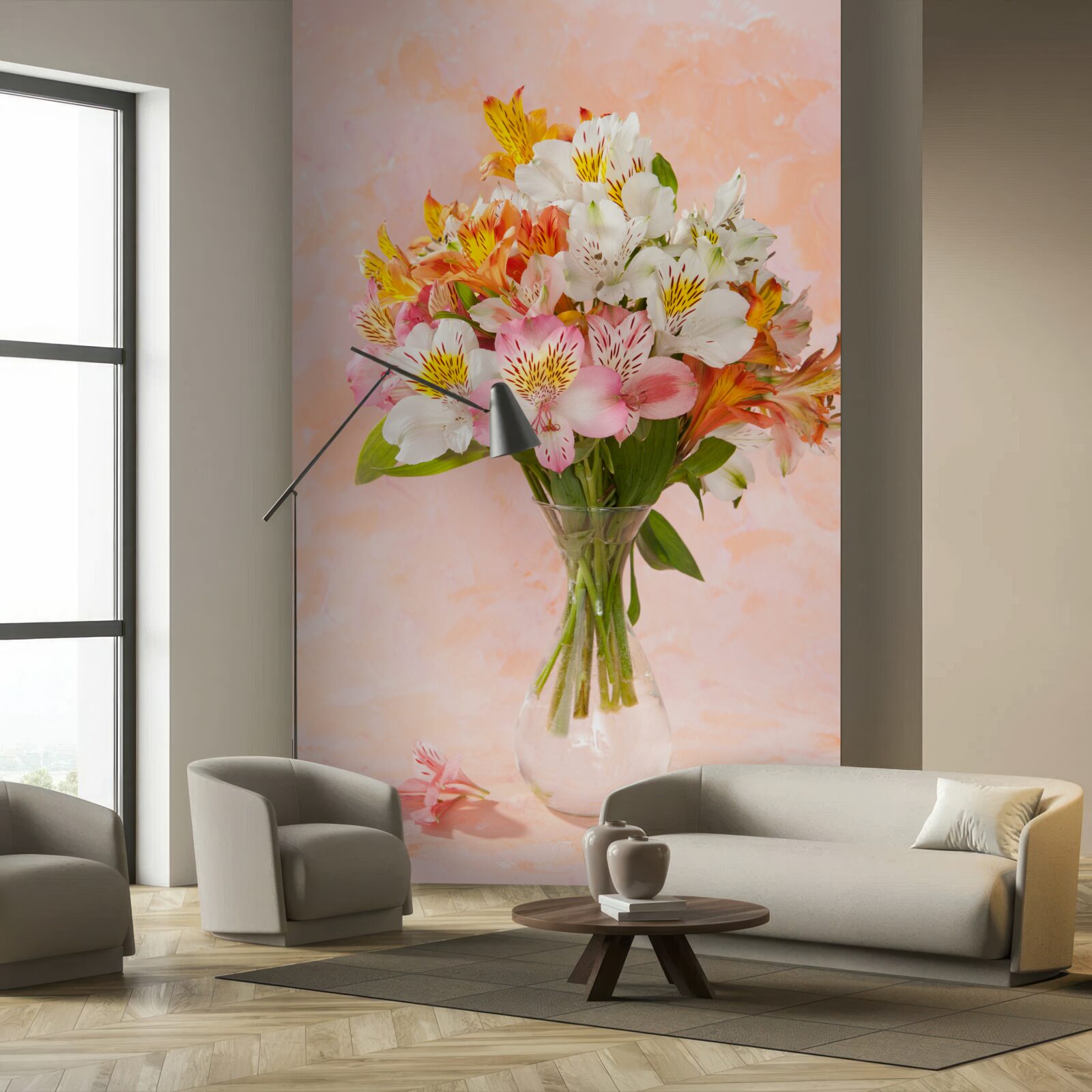 Papier peint le vase contient un bouquet de diverses fleurs fraîches de printemps