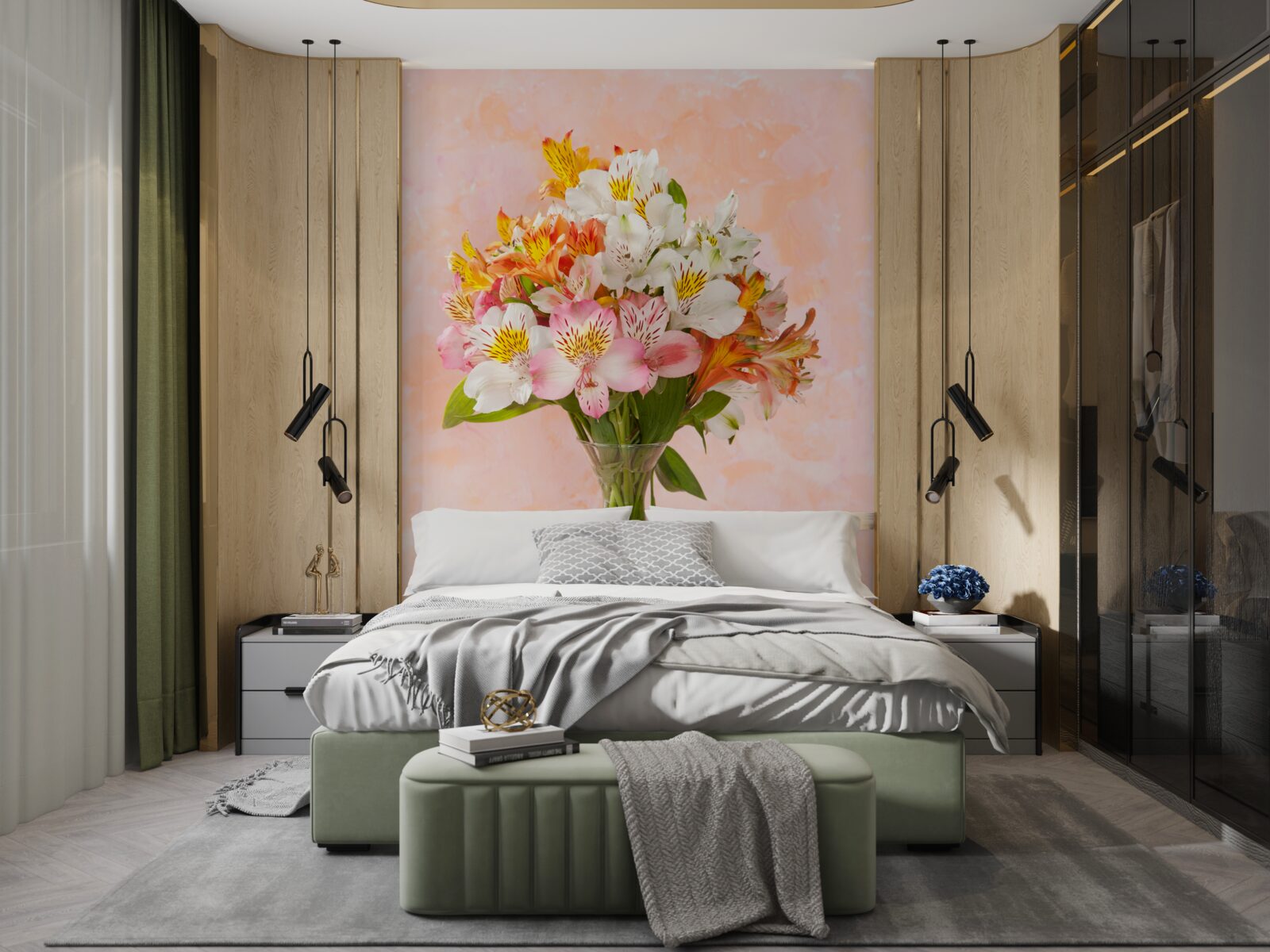 Papier peint le vase contient un bouquet de diverses fleurs fraîches de printemps