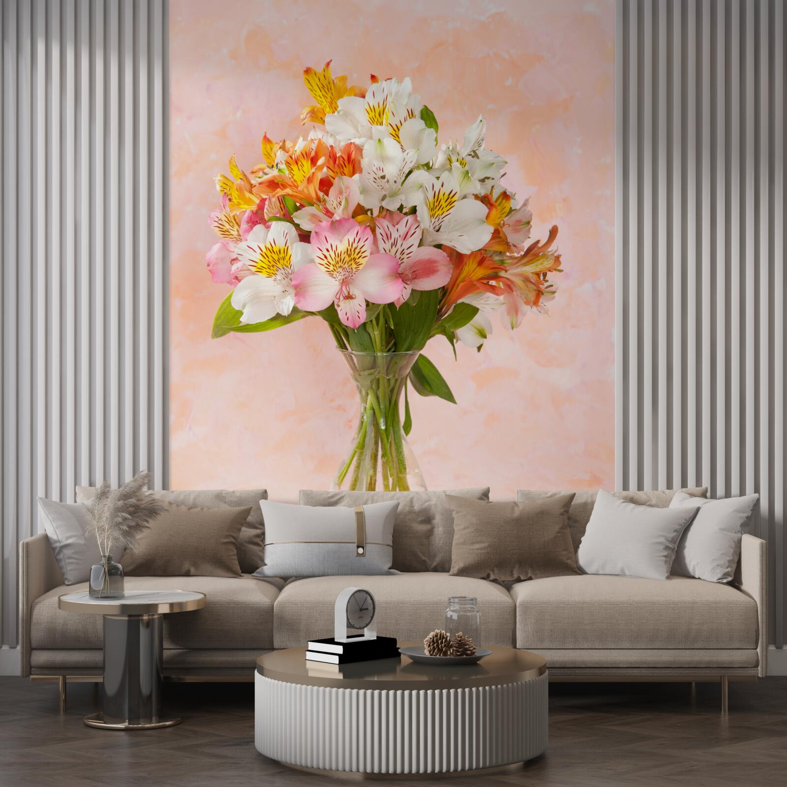 Papier peint le vase contient un bouquet de diverses fleurs fraîches de printemps