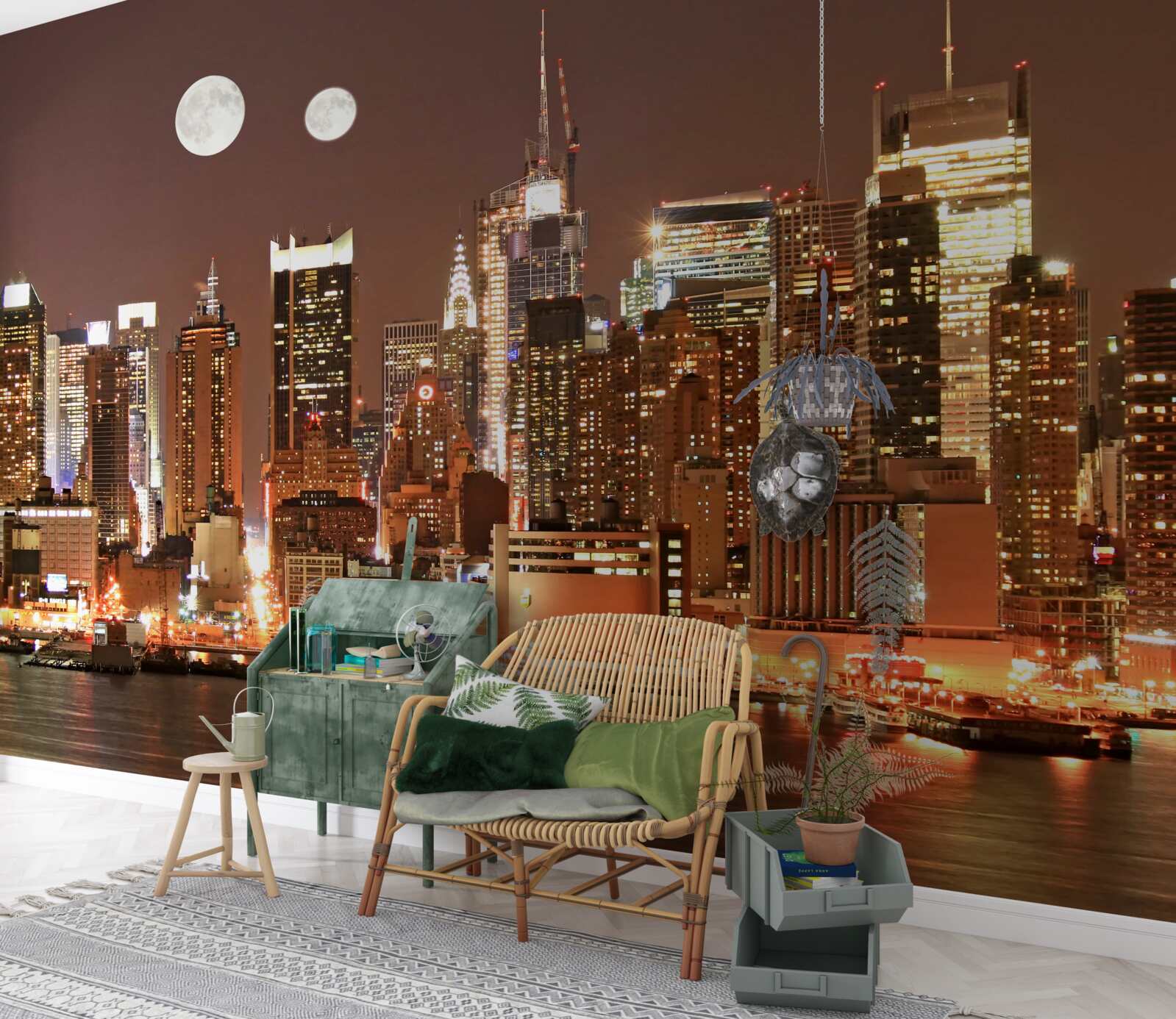 Papier peint le soleil et la lune brillent au-dessus d'une grande ville