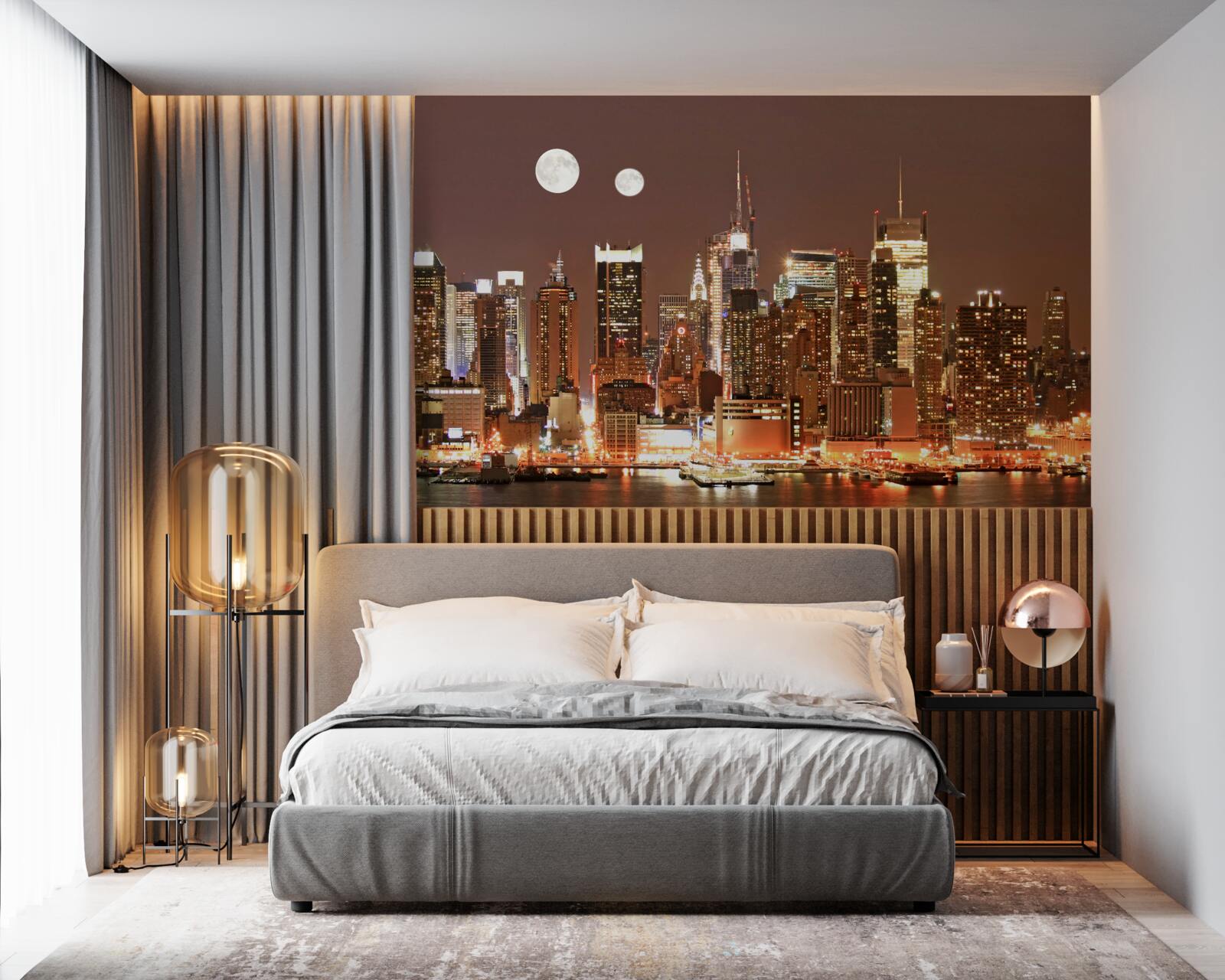 Papier peint le soleil et la lune brillent au-dessus d'une grande ville