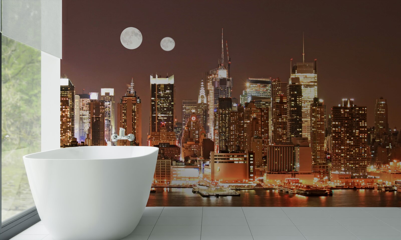 Papier peint le soleil et la lune brillent au-dessus d'une grande ville