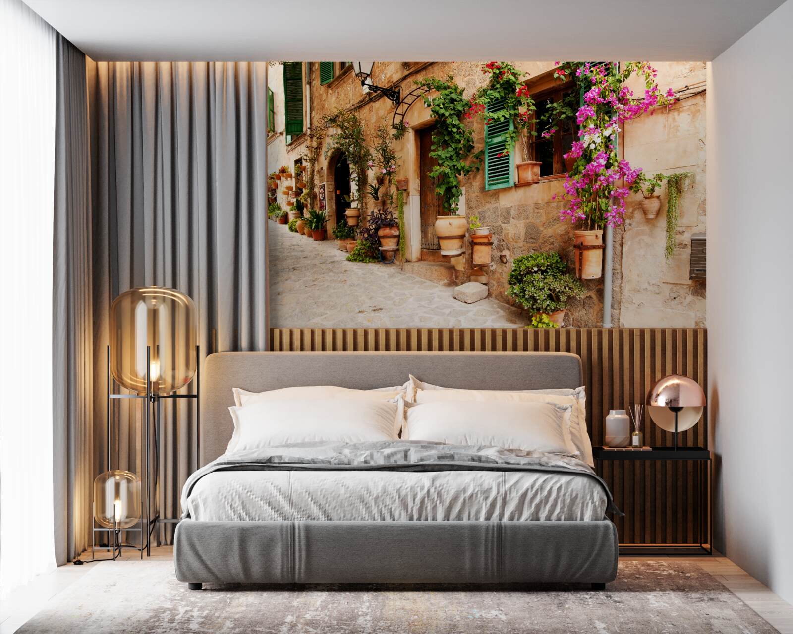 Papier peint ancienne rue en pente décorée de fleurs