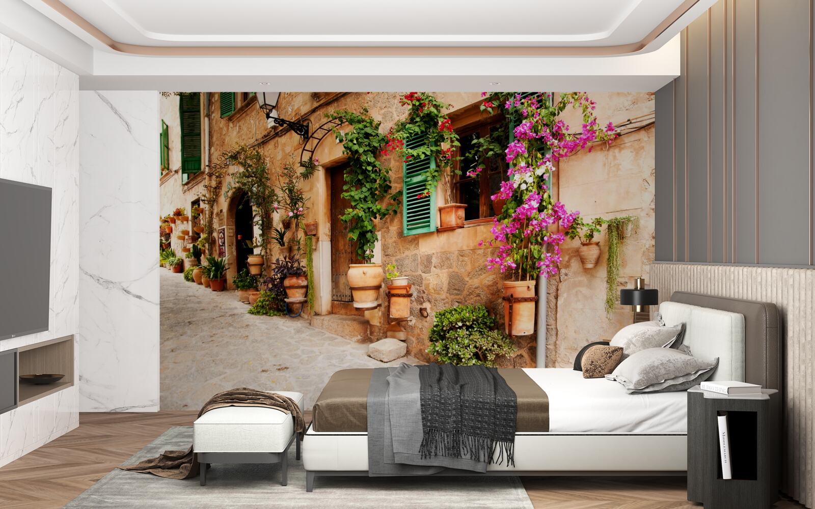 Papier peint ancienne rue en pente décorée de fleurs