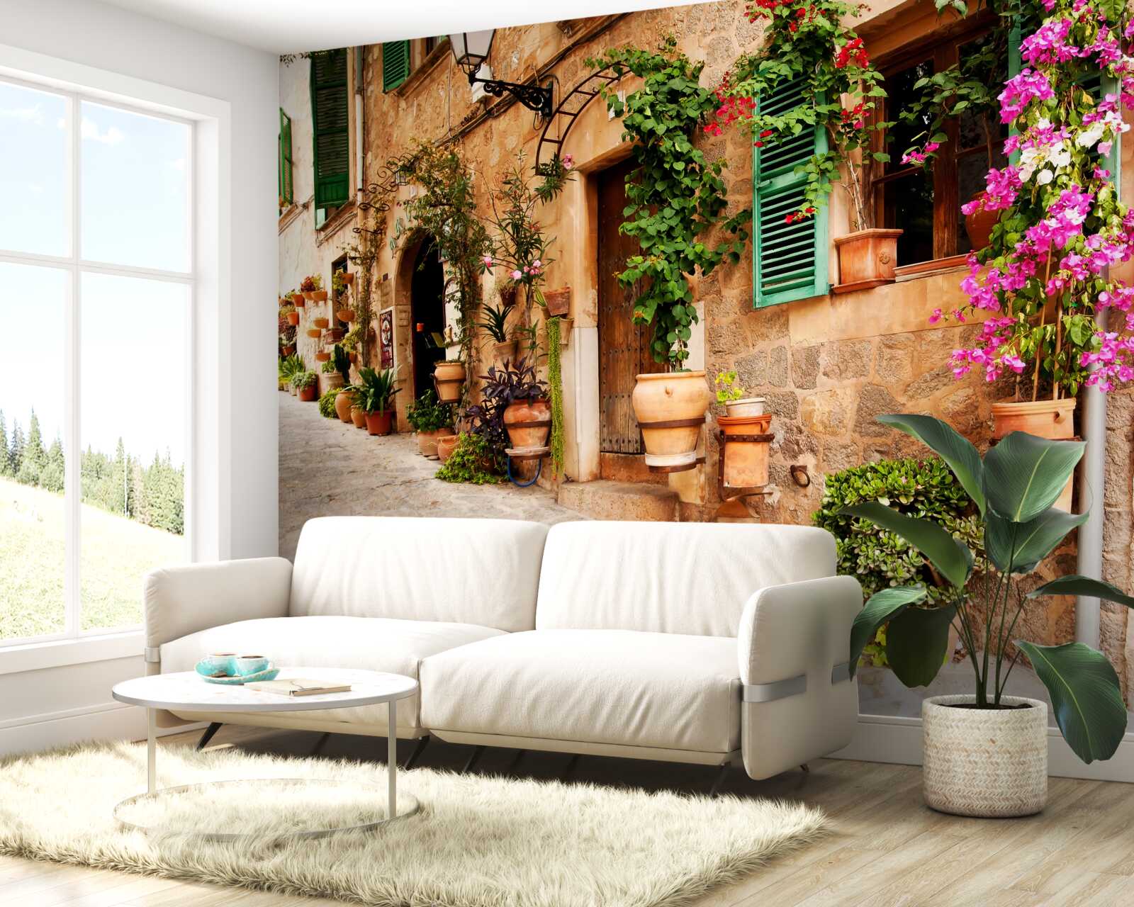 Papier peint ancienne rue en pente décorée de fleurs