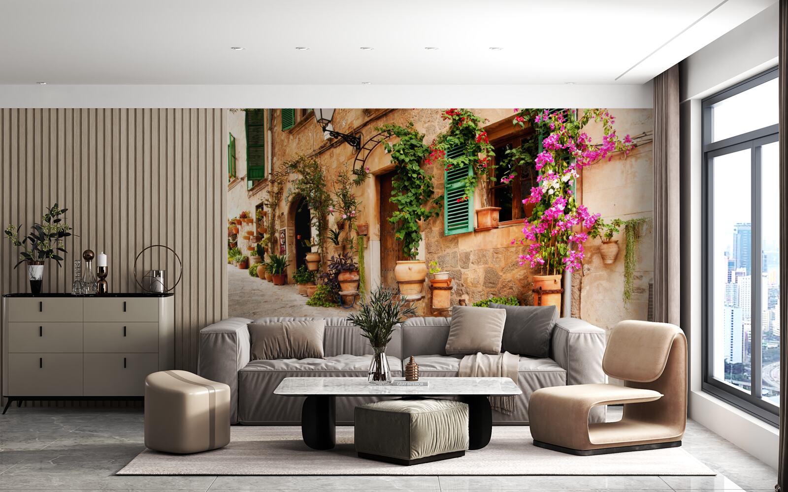 Papier peint ancienne rue en pente décorée de fleurs