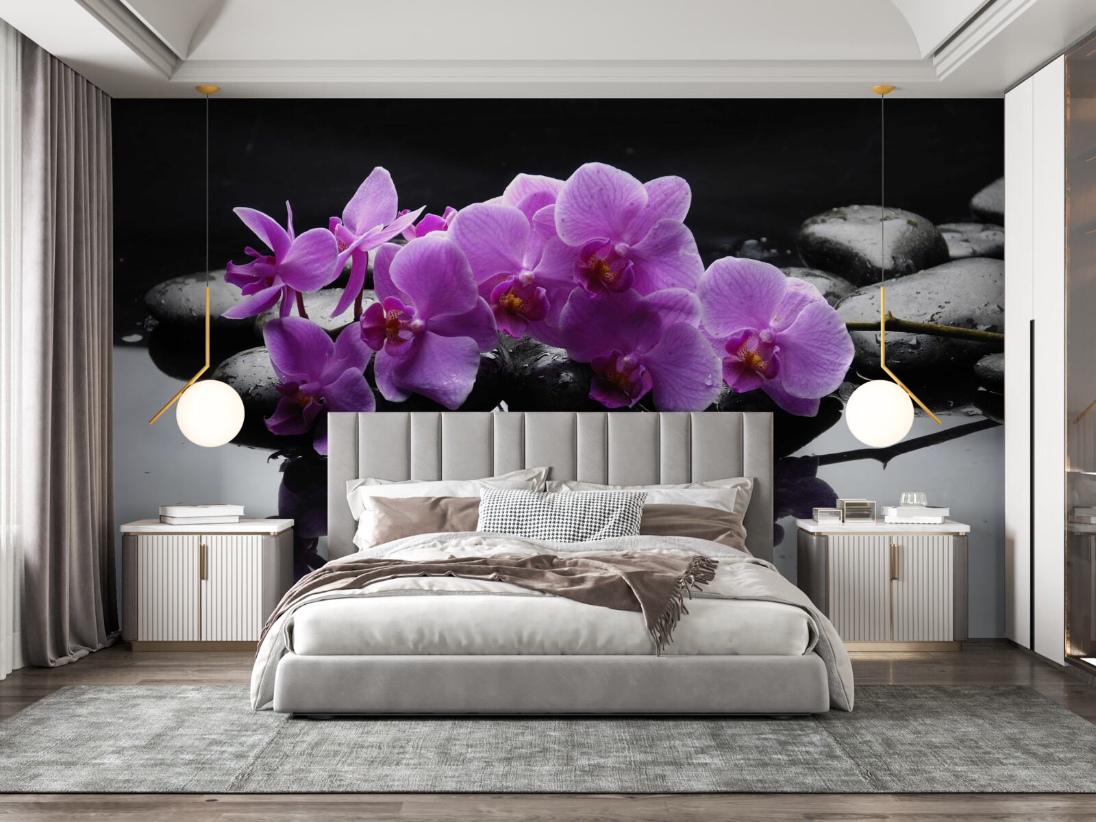 Papier peint orchidée lilas sur une pierre près de l'eau