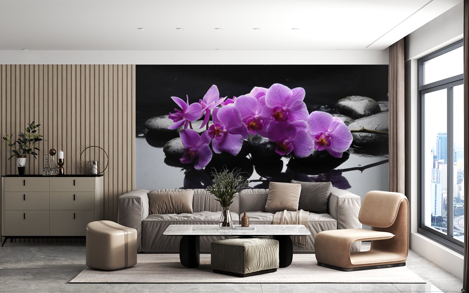 Papier peint orchidée lilas sur une pierre près de l'eau