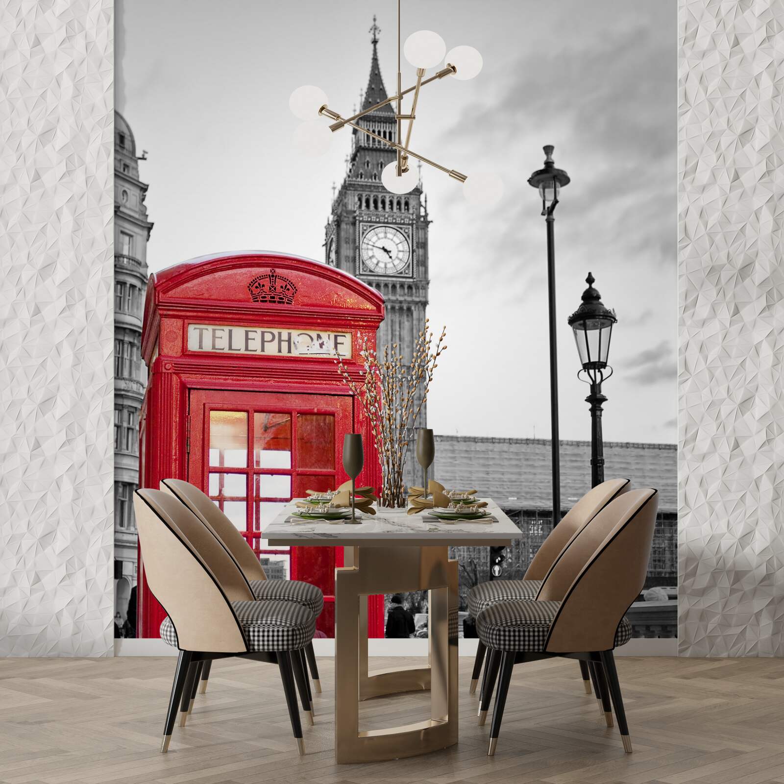 Papier peint au centre, à côté de Big Ben, se trouve une cabine téléphonique rouge