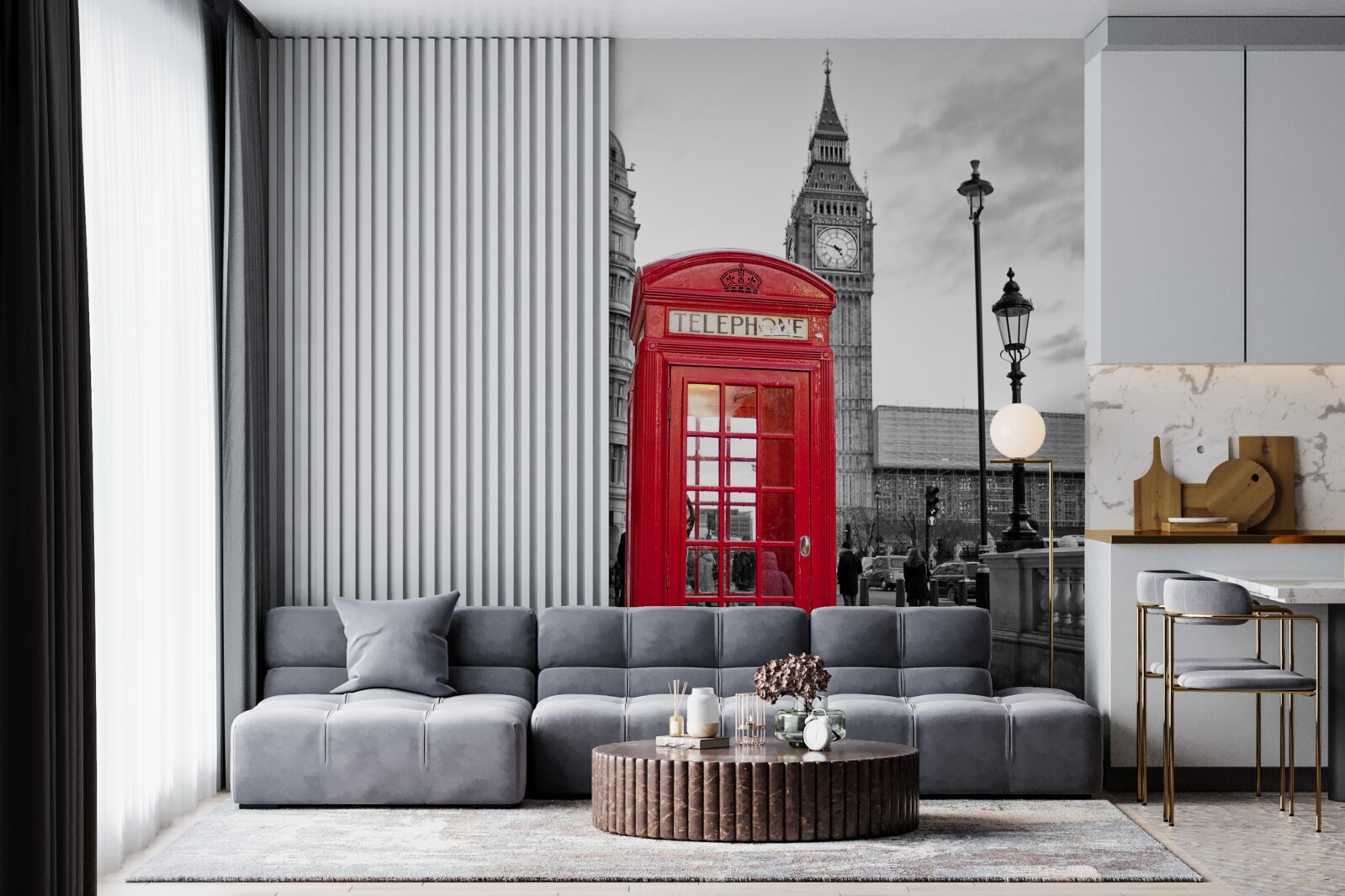 Papier peint au centre, à côté de Big Ben, se trouve une cabine téléphonique rouge