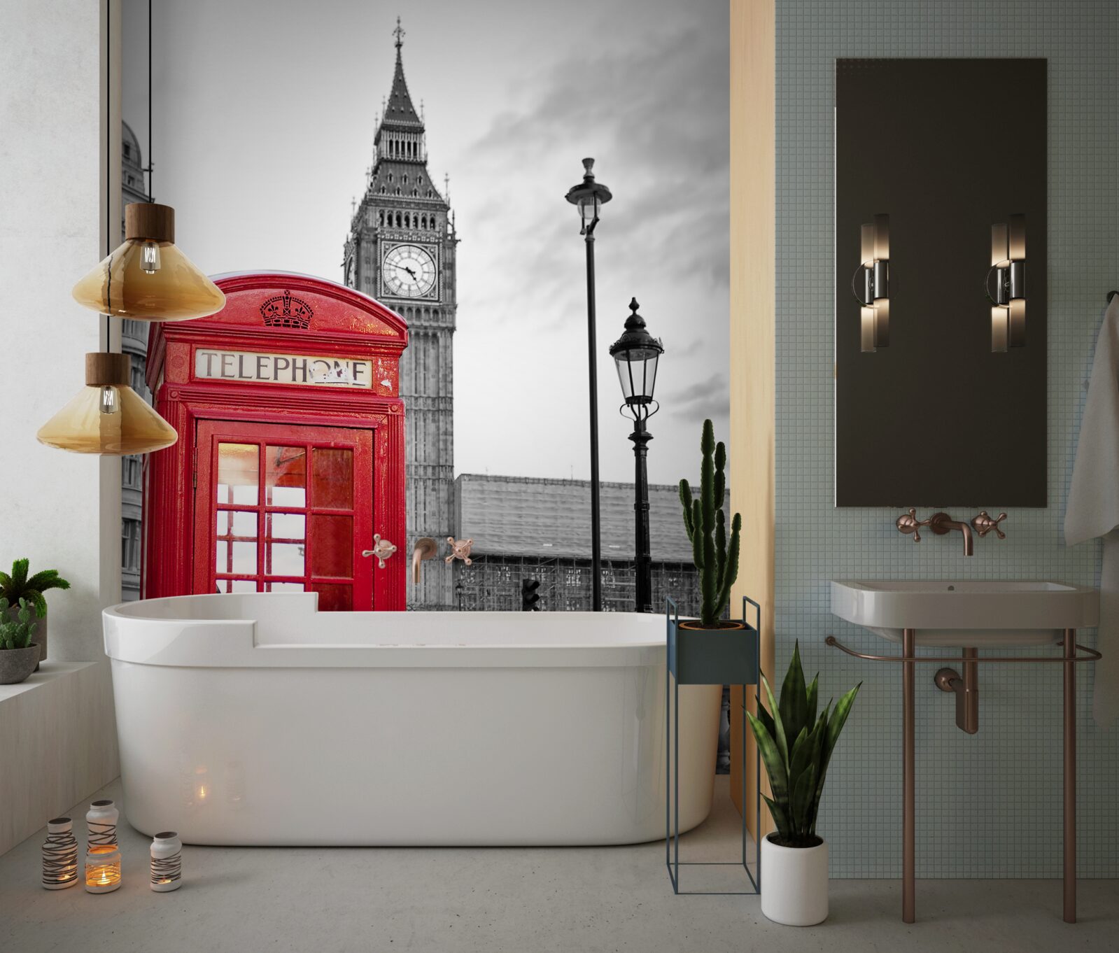 Papier peint au centre, à côté de Big Ben, se trouve une cabine téléphonique rouge