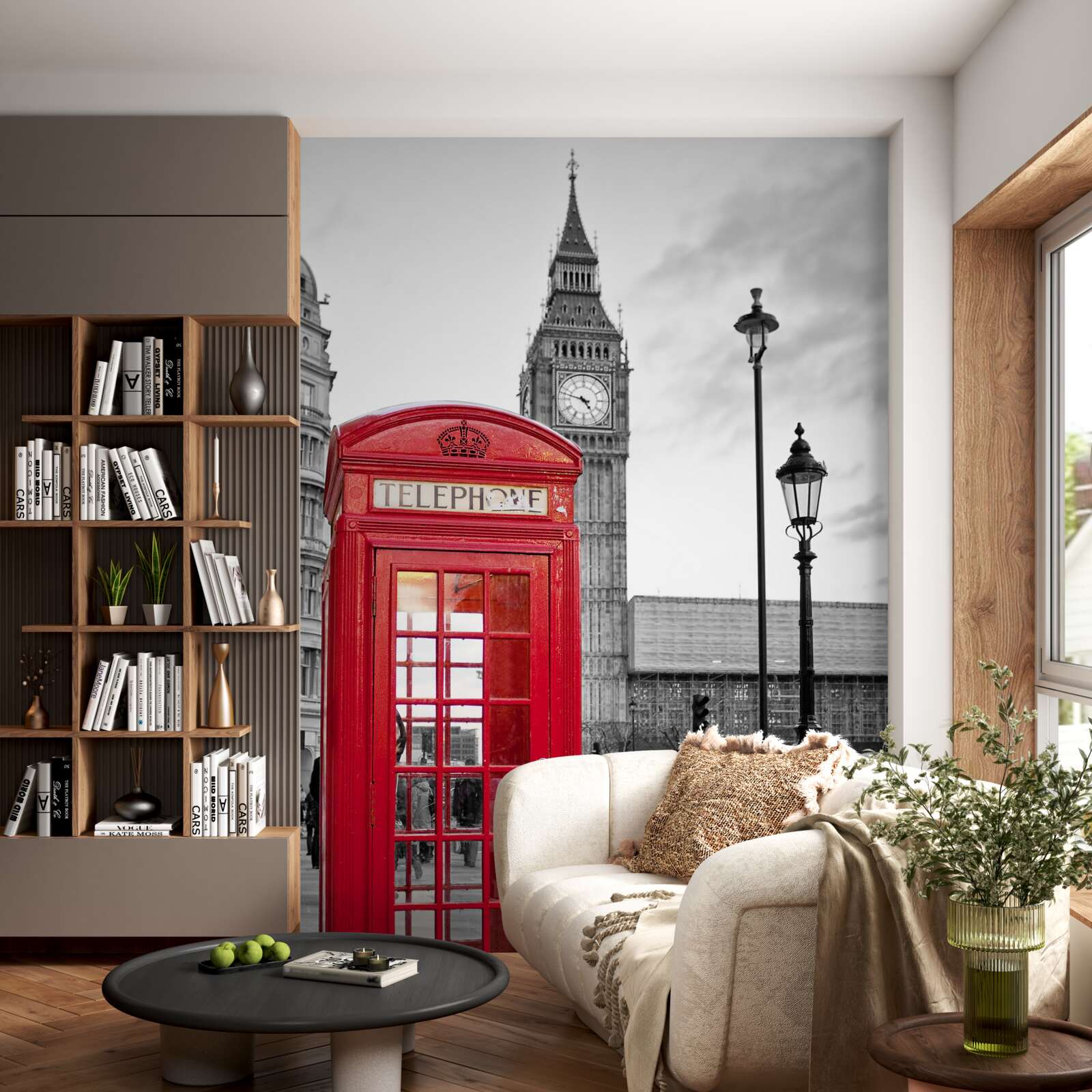 Papier peint au centre, à côté de Big Ben, se trouve une cabine téléphonique rouge