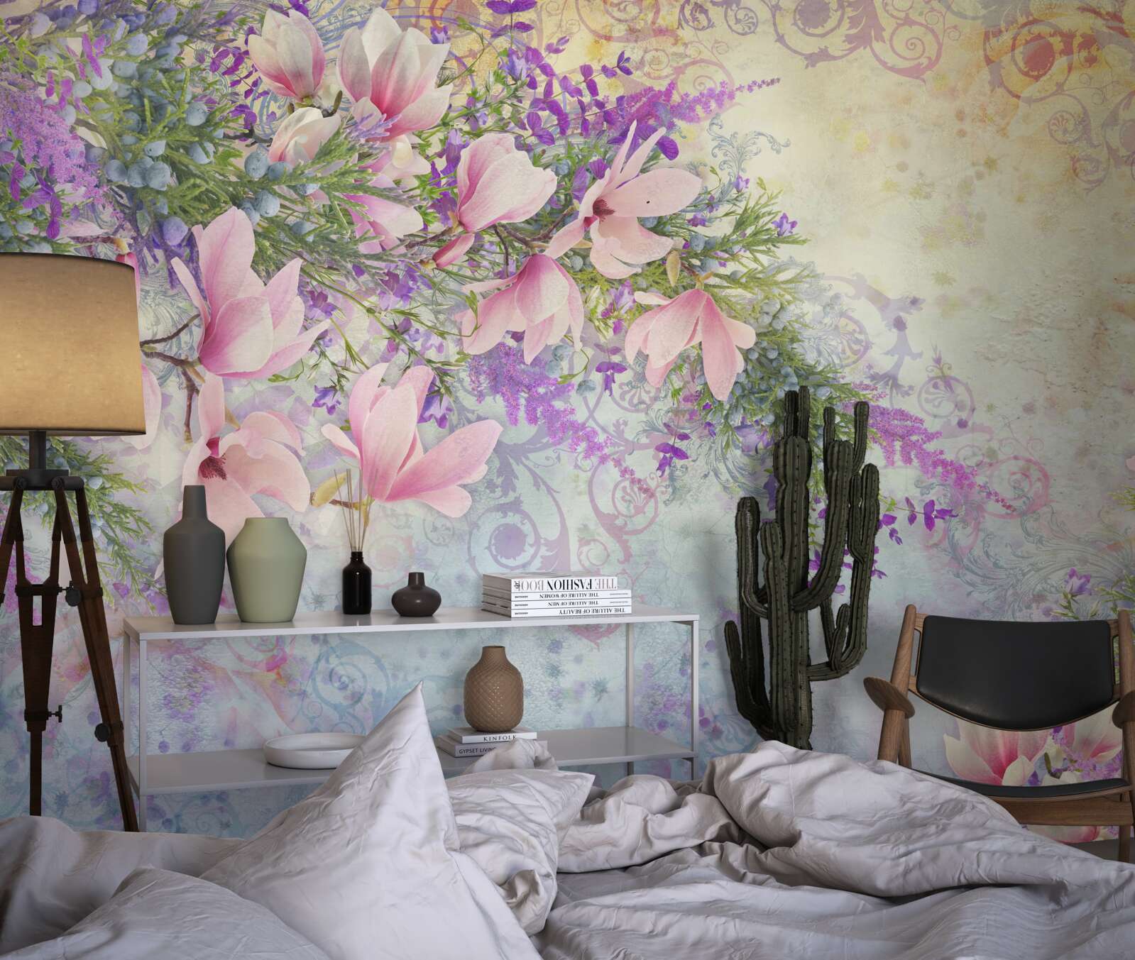 Papier peint des fleurs éclatantes se détachent sur un fond délicat