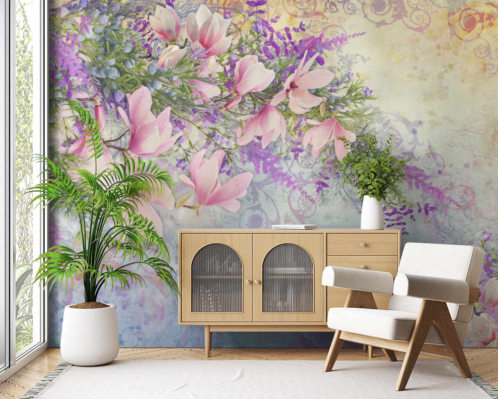 Papier peint des fleurs éclatantes se détachent sur un fond délicat