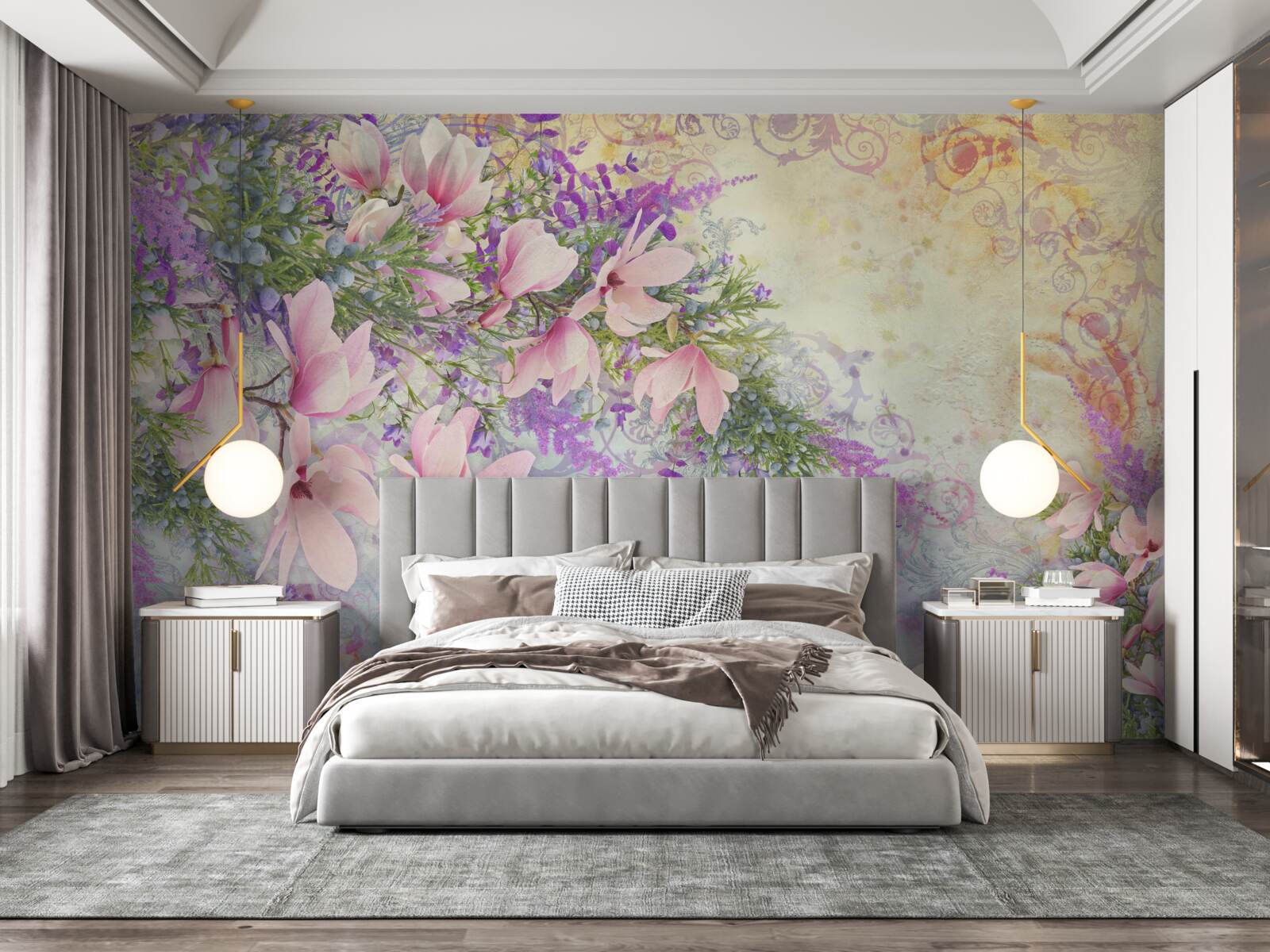 Papier peint des fleurs éclatantes se détachent sur un fond délicat