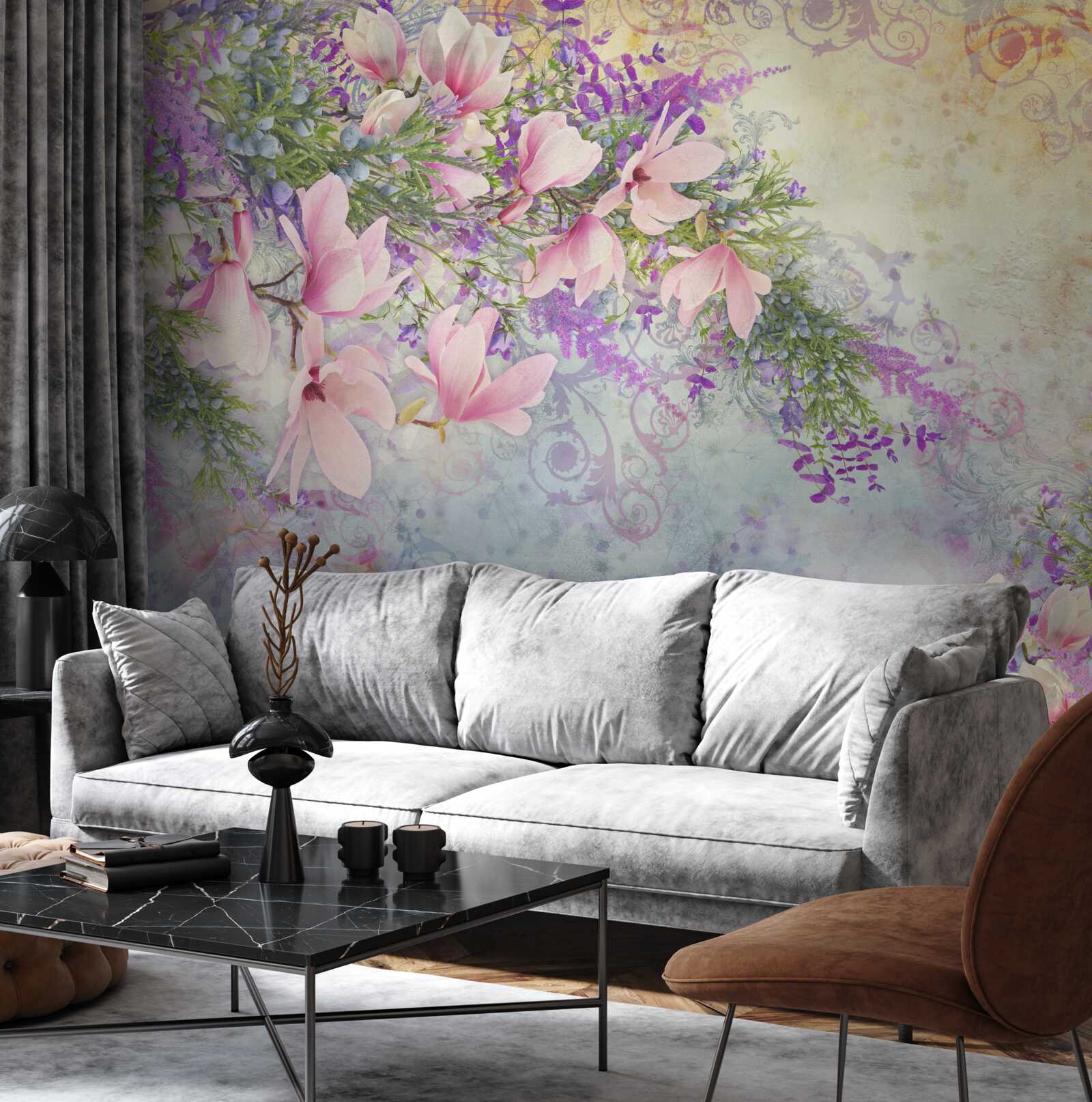 Papier peint des fleurs éclatantes se détachent sur un fond délicat