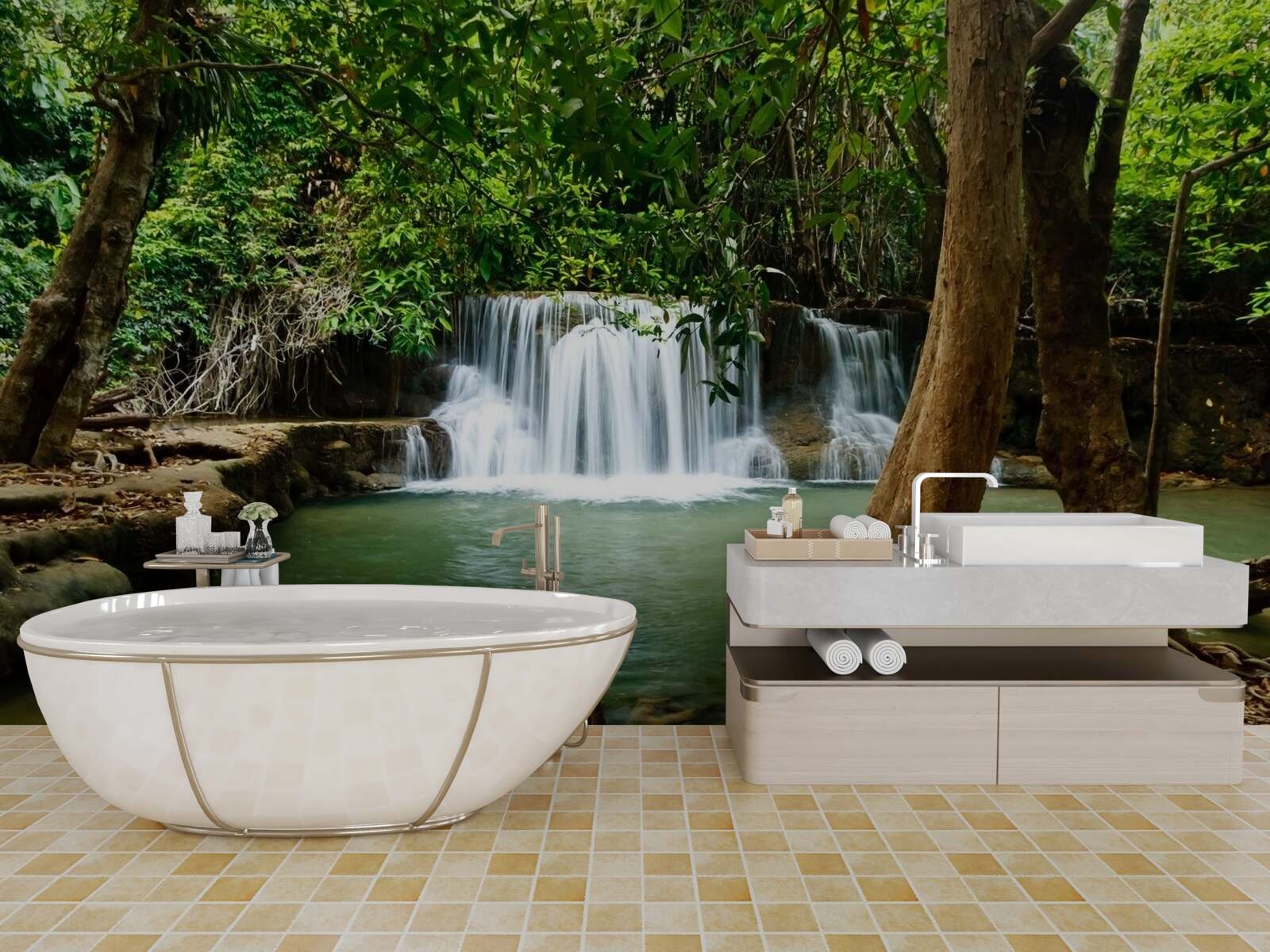 Papier peint cascade dans une forêt ancienne