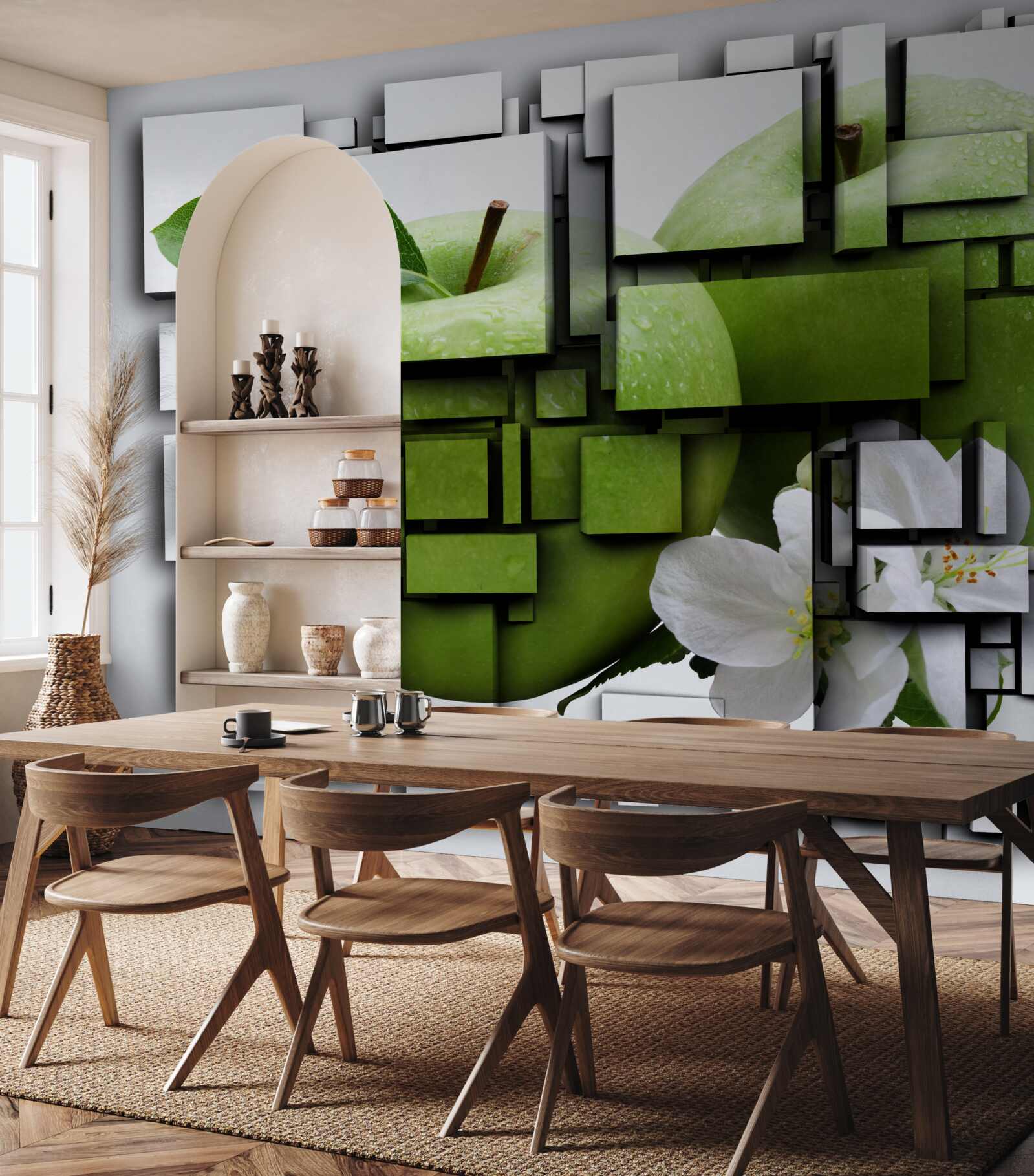 Papier peint composition de rectangles avec l'image d'une pomme verte