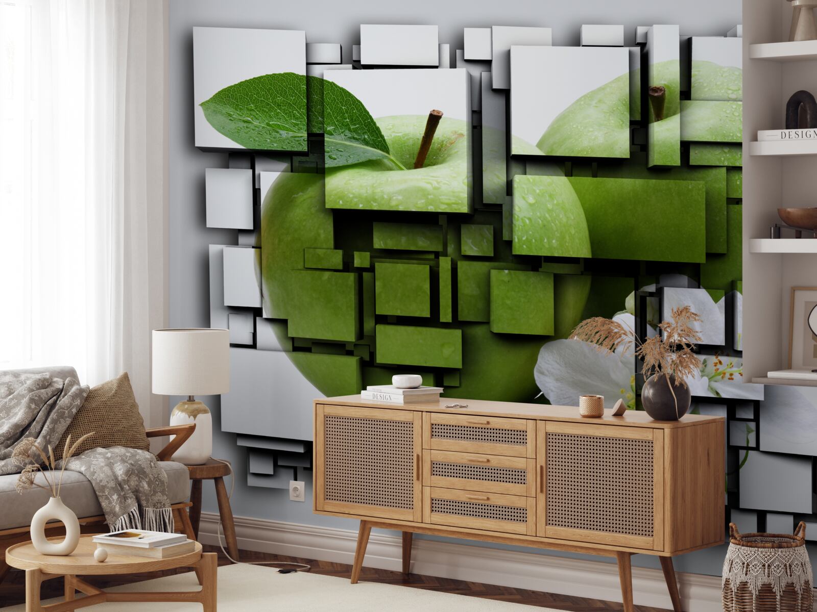 Papier peint composition de rectangles avec l'image d'une pomme verte