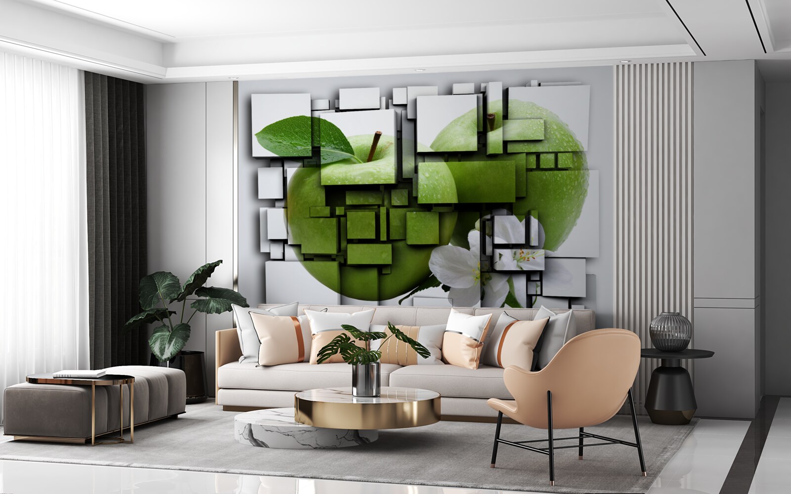 Papier peint composition de rectangles avec l'image d'une pomme verte