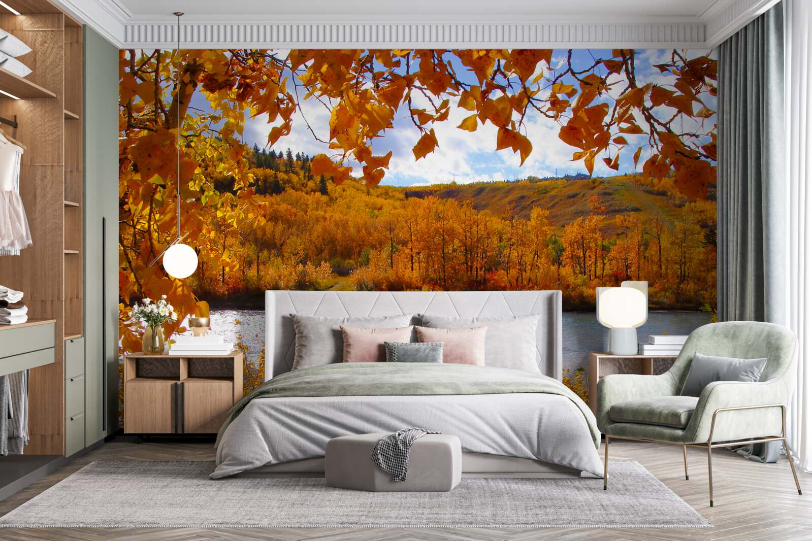 Papier peint automne doré dans la forêt dense près de la rivière