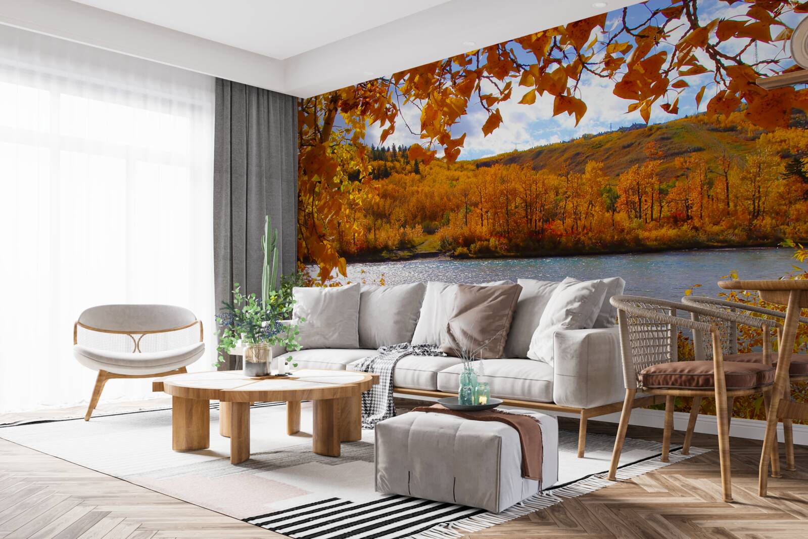 Papier peint automne doré dans la forêt dense près de la rivière