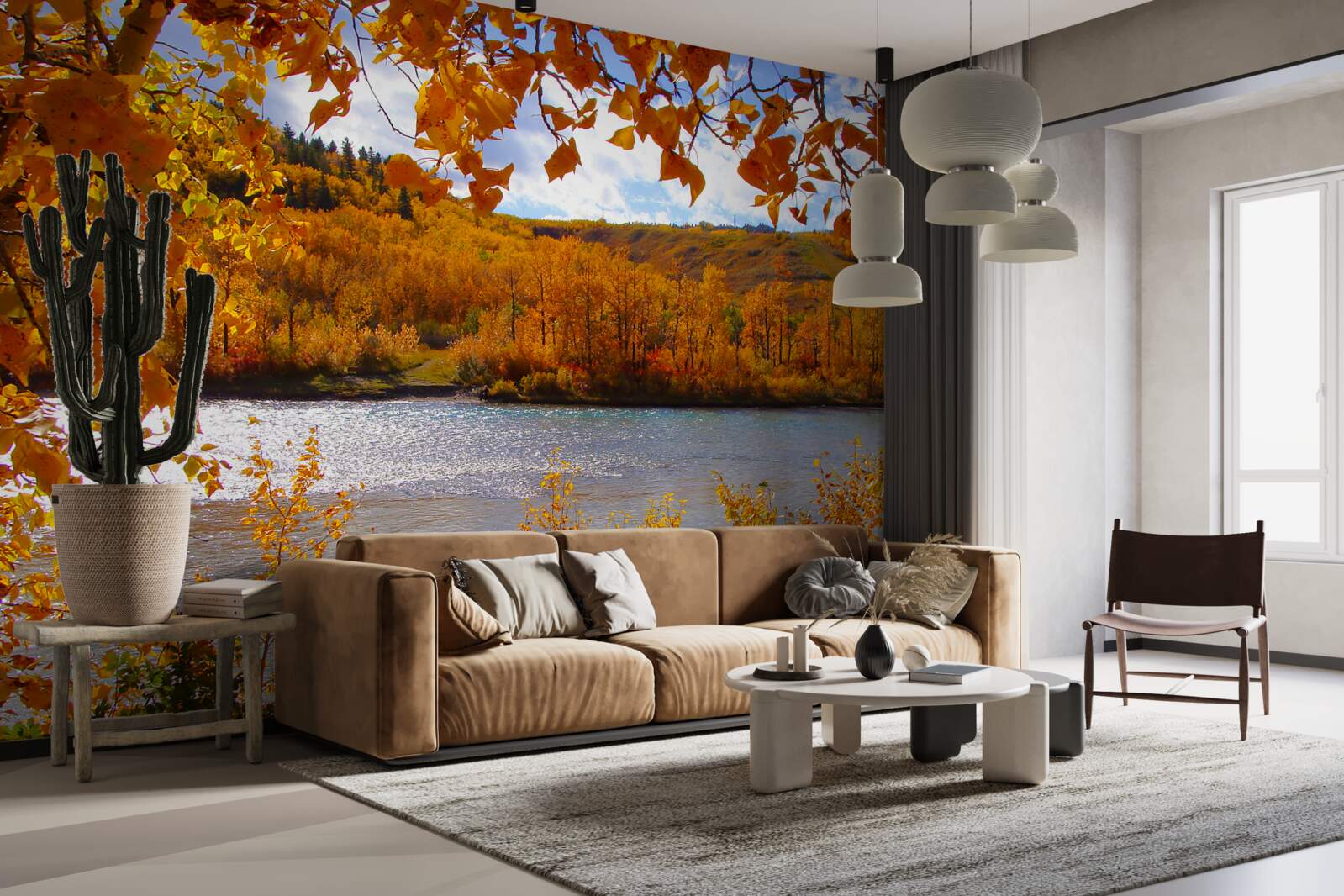 Papier peint automne doré dans la forêt dense près de la rivière