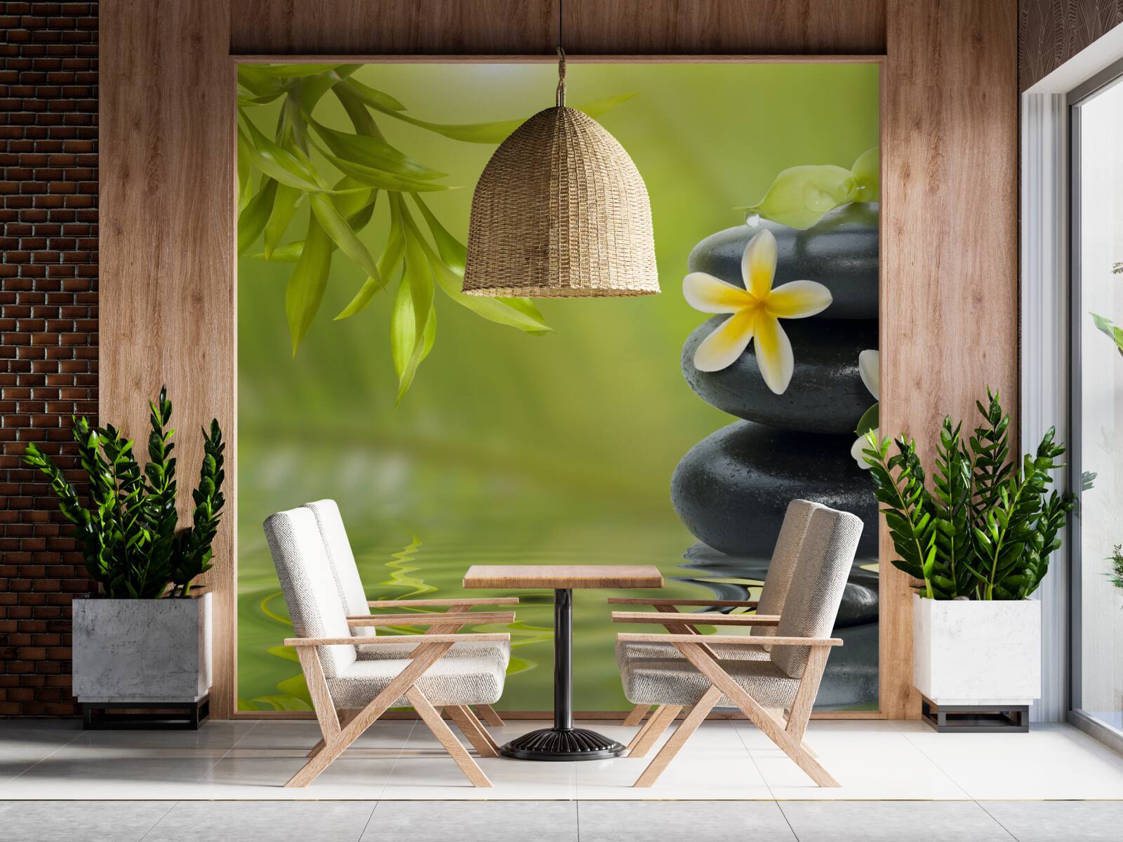 Papier peint Fleurs jaunes sur une pierre sombre au bord de l'eau