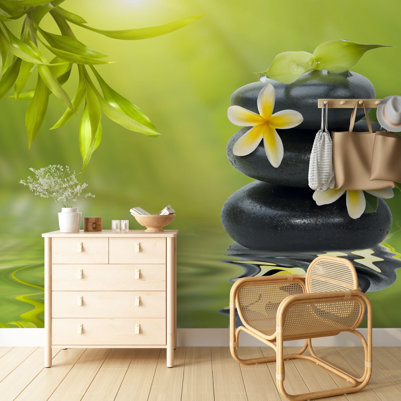 Papier peint Fleurs jaunes sur une pierre sombre au bord de l'eau