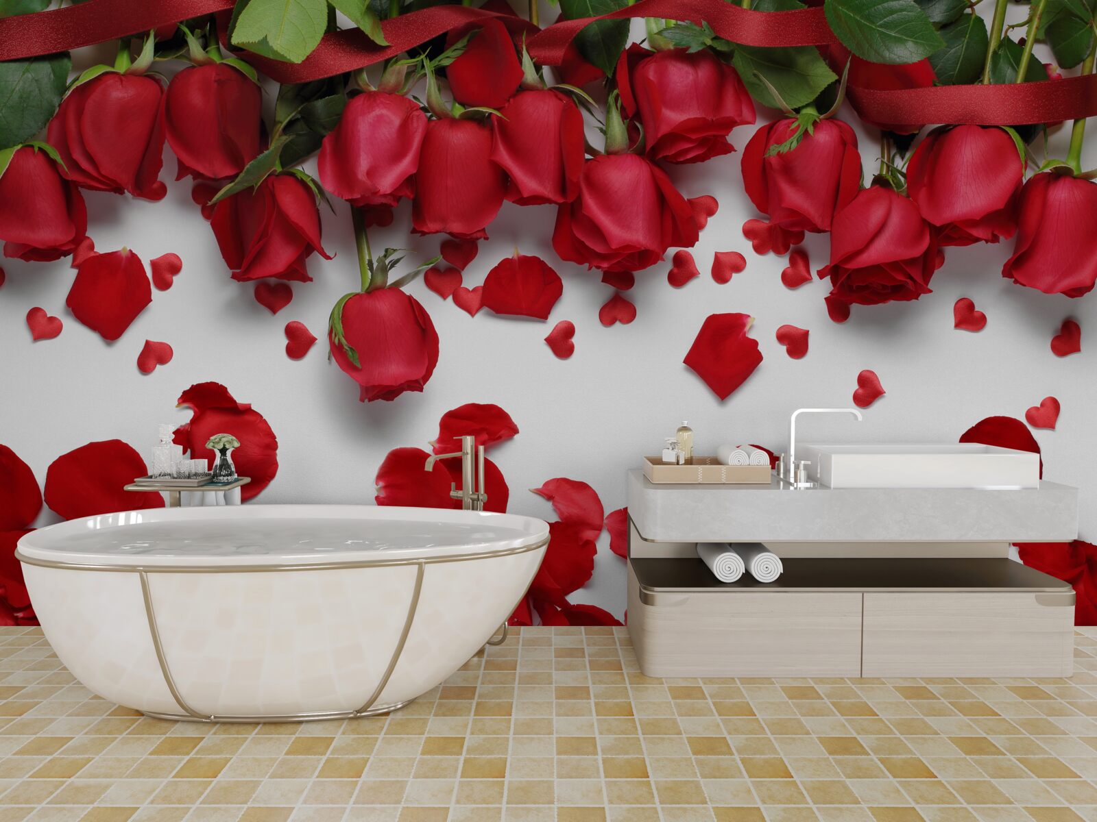 Papier peint les pétales tombent des roses rouges et écarlates