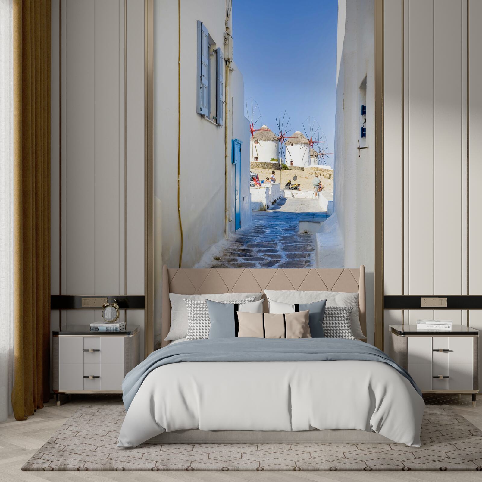 Papier peint vieille rue étroite avec des maisons blanches