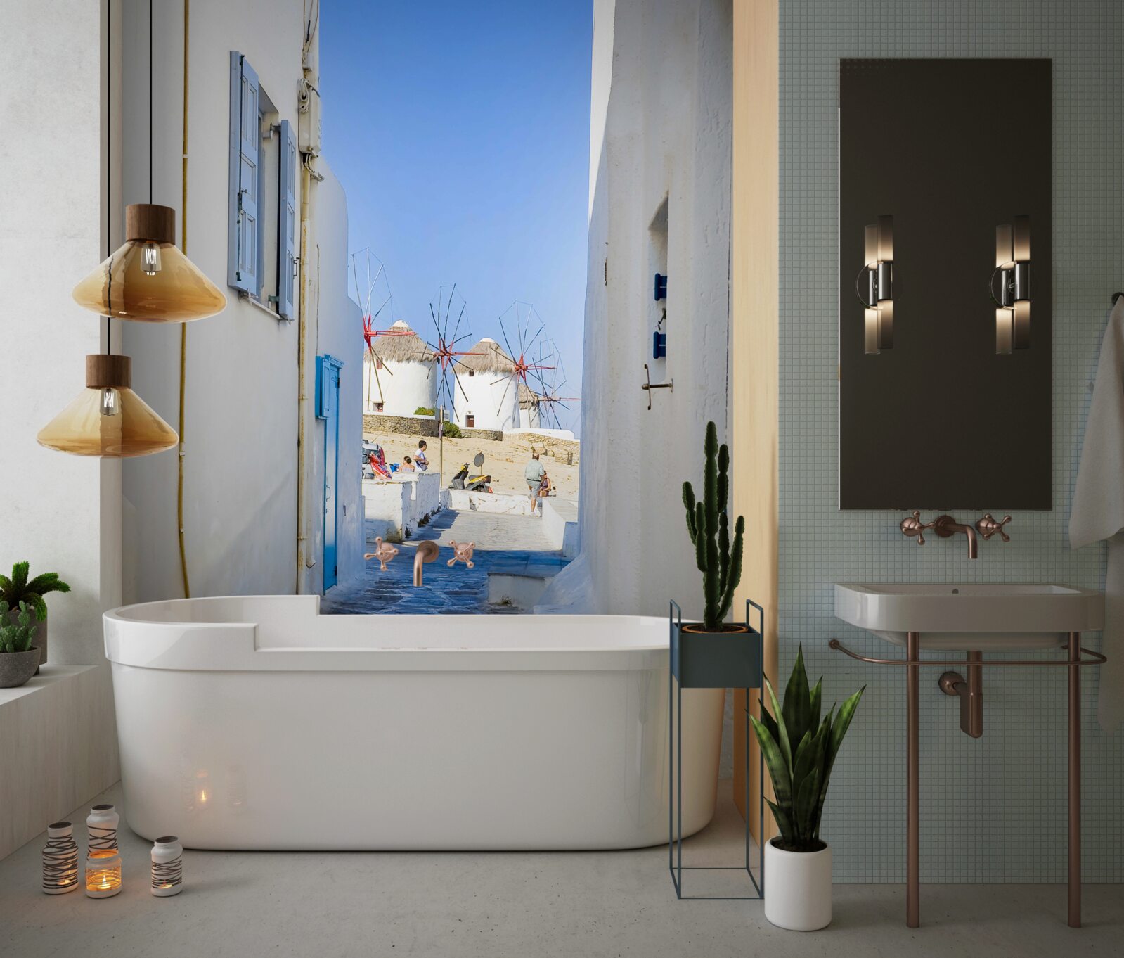 Papier peint vieille rue étroite avec des maisons blanches