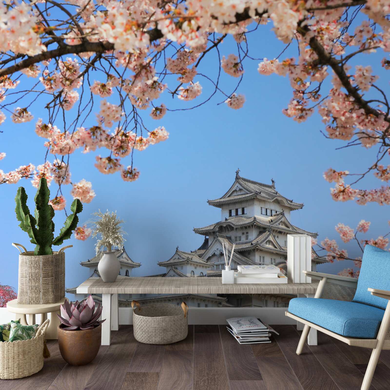 Papier peint ancien temple japonais entouré de sakura