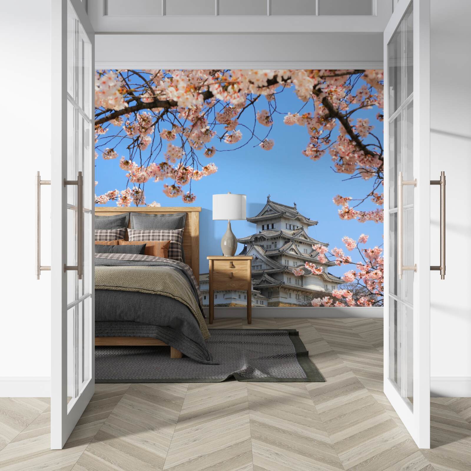 Papier peint ancien temple japonais entouré de sakura