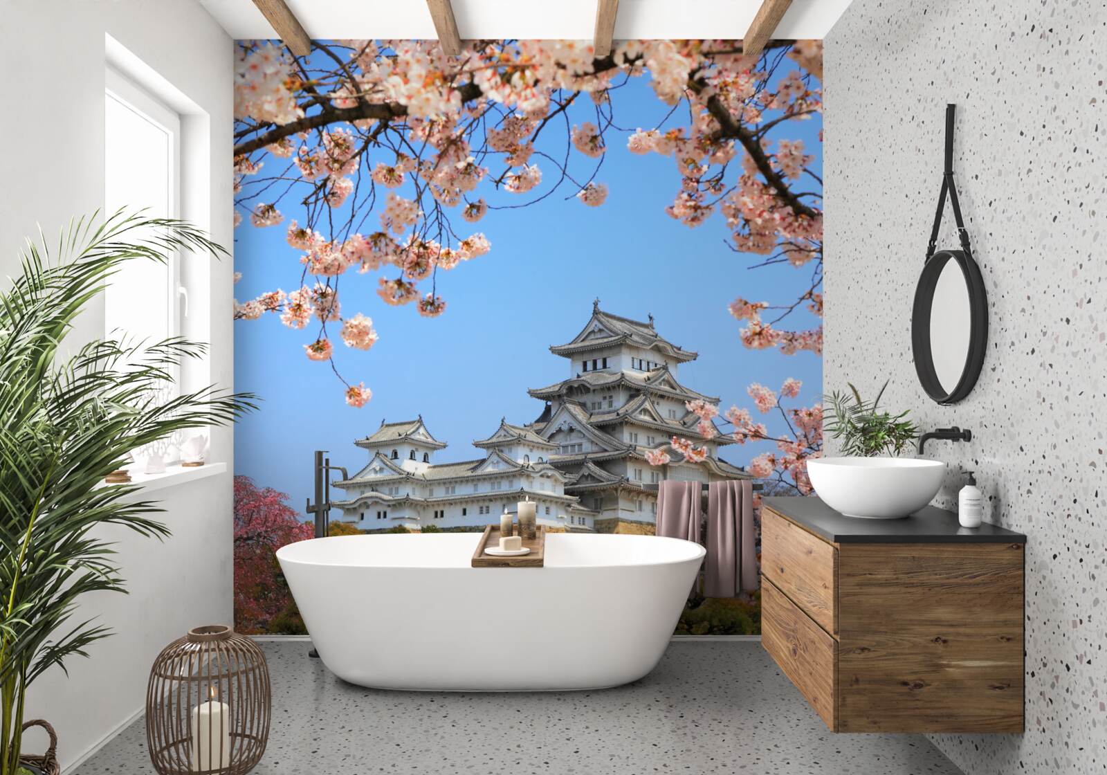 Papier peint ancien temple japonais entouré de sakura