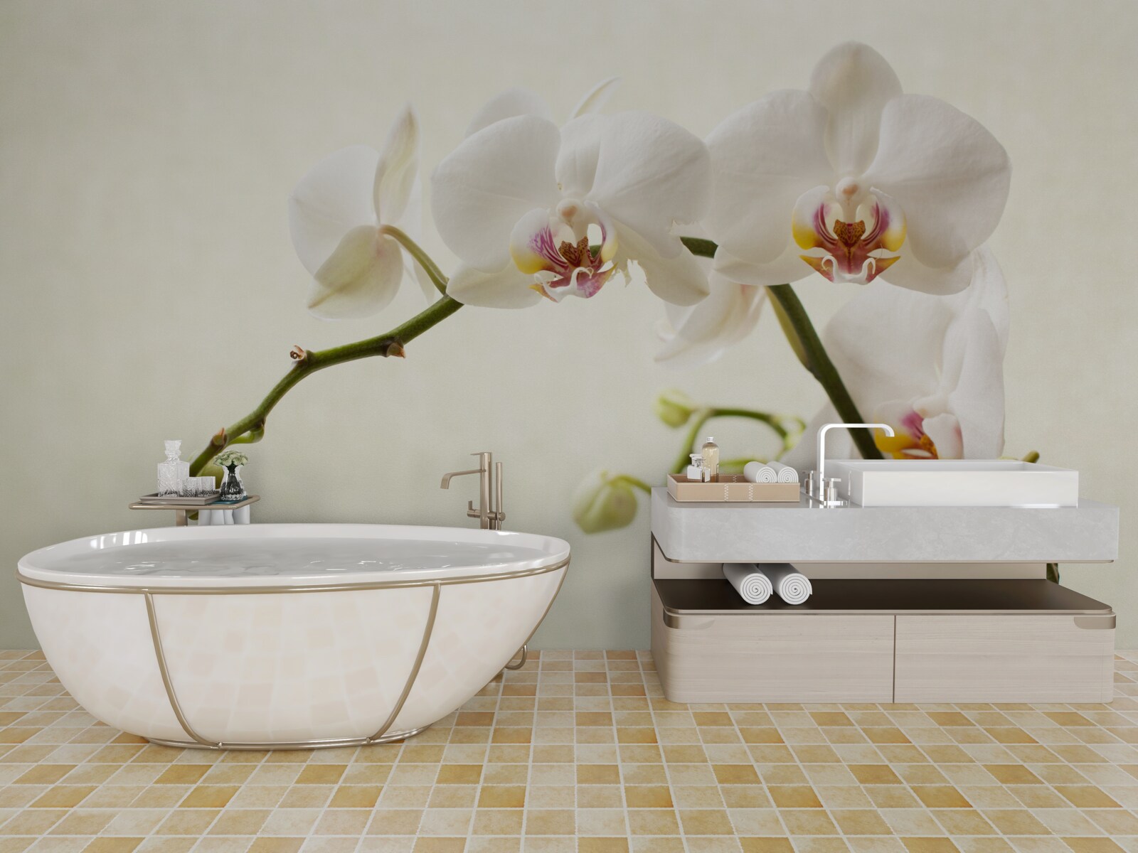 Papier peint branches d'orchidées blanches sur fond clair