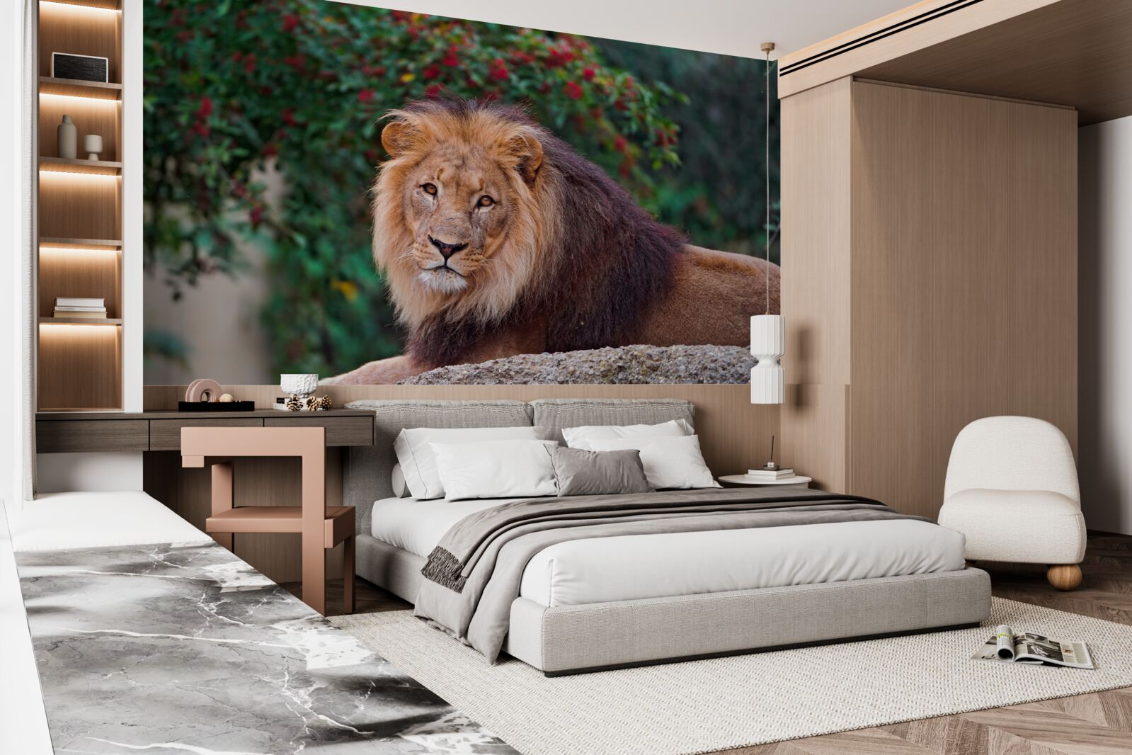Papier peint un lion adulte s'assoit sur un rocher et attend une lionne