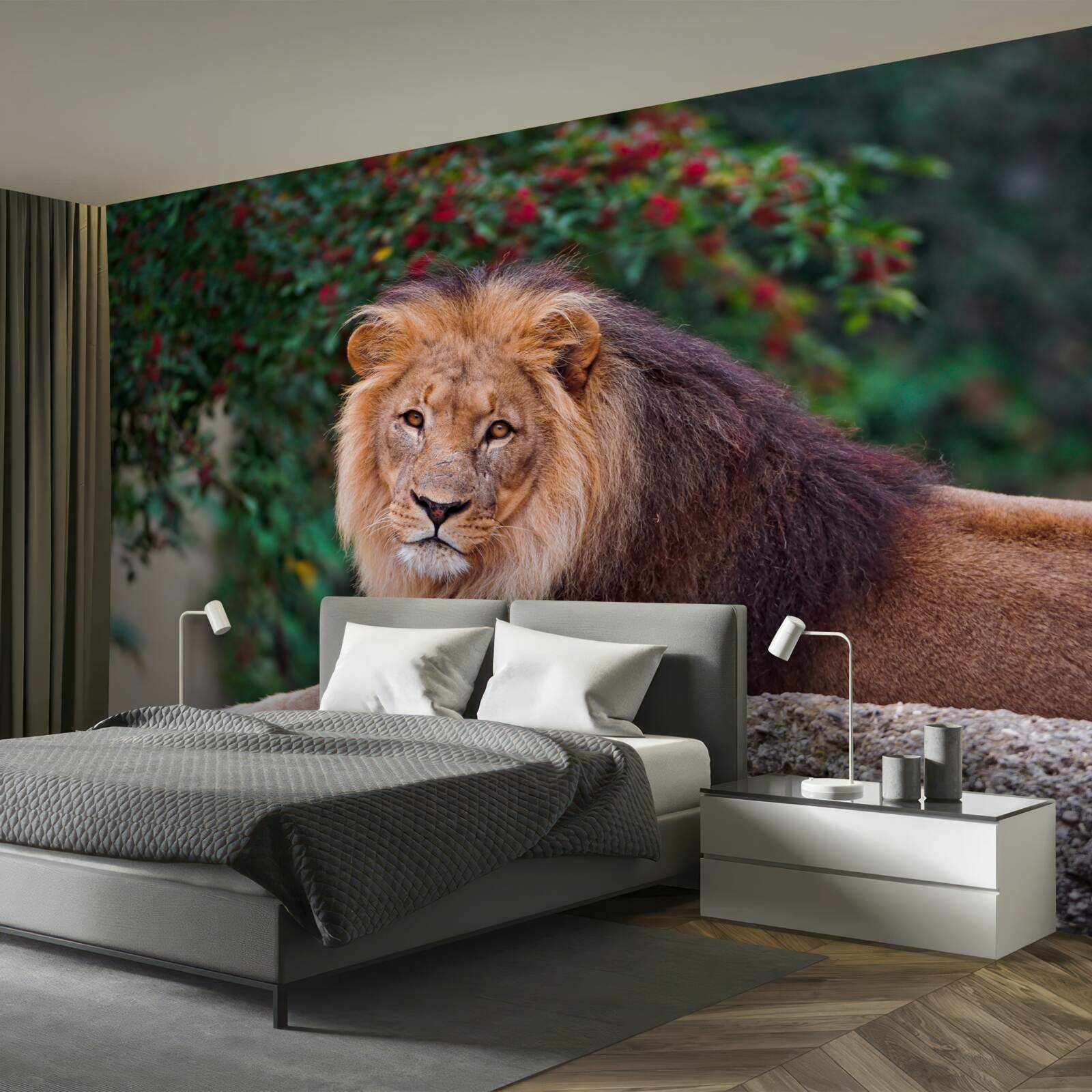 Papier peint un lion adulte s'assoit sur un rocher et attend une lionne