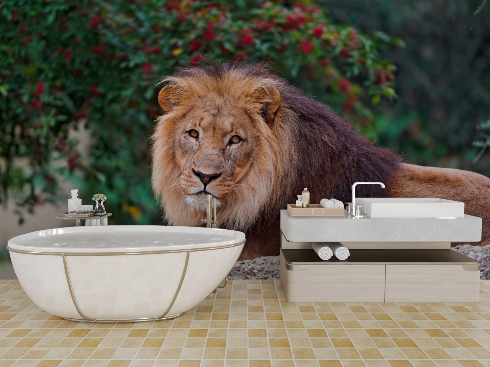 Papier peint un lion adulte s'assoit sur un rocher et attend une lionne