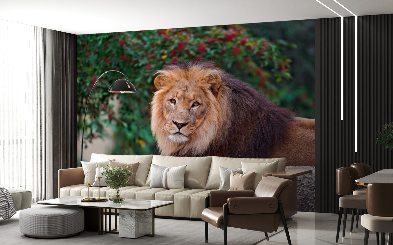 Papier peint un lion adulte s'assoit sur un rocher et attend une lionne