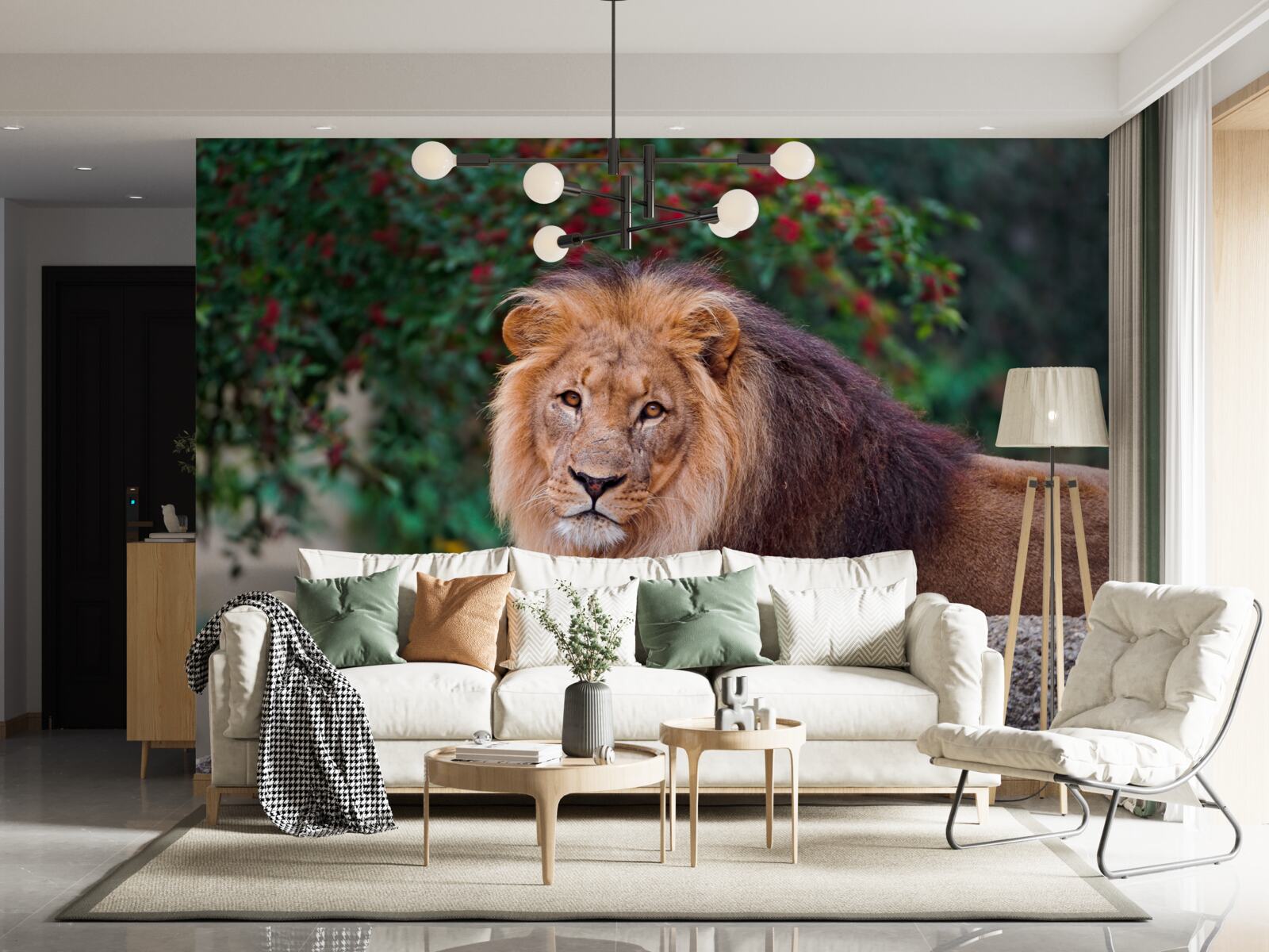 Papier peint un lion adulte s'assoit sur un rocher et attend une lionne