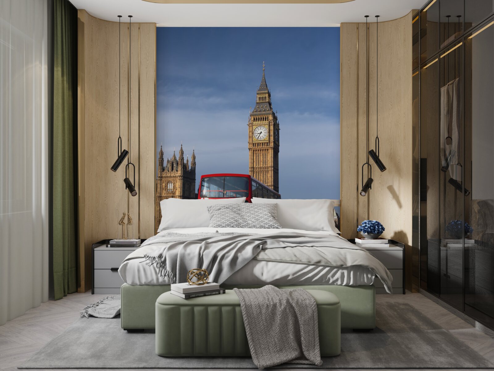 Papier peint un bus avec des passagers quitte Big Ben